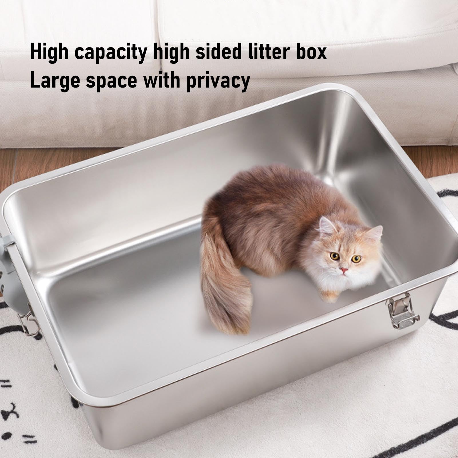 Lettiera per Gatti in Acciaio Inossidabile con Coperchio, Lettiera per Gatti con Design a Prova di Spruzzi e Ingresso dall'alto, con Grande Contenitore in Metallo per e Paletta per,