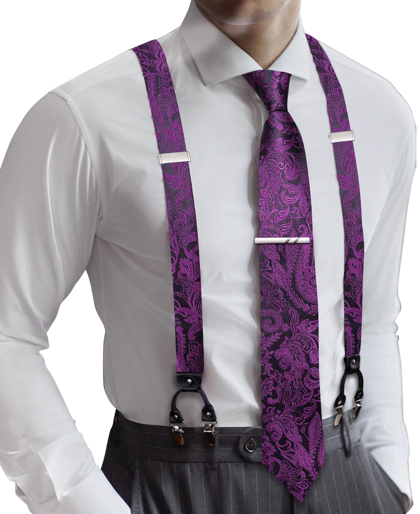 Barry.Wang Men Suspender Tie Sets Elastic Heavy 6 Clips Hanky Cufflink 5PCS | Classic Suspender Set for Man Necktie Y Type Adjustable Heavy Duty 6 Clips Braces Pocket Square Cufflinks Party