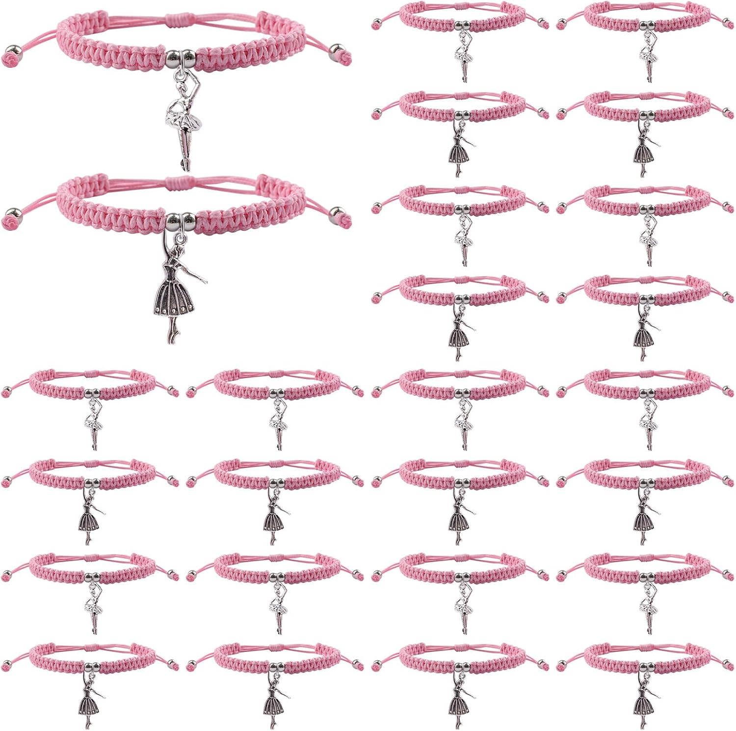WANDIC 24 Pcs Dance Bracelet Present, Pink Ballerina Party Favors Dance Recital Adjustable Horse Rope Braided Bracelets for Wedding Bridal Shower Ballet Friends Mate for Women