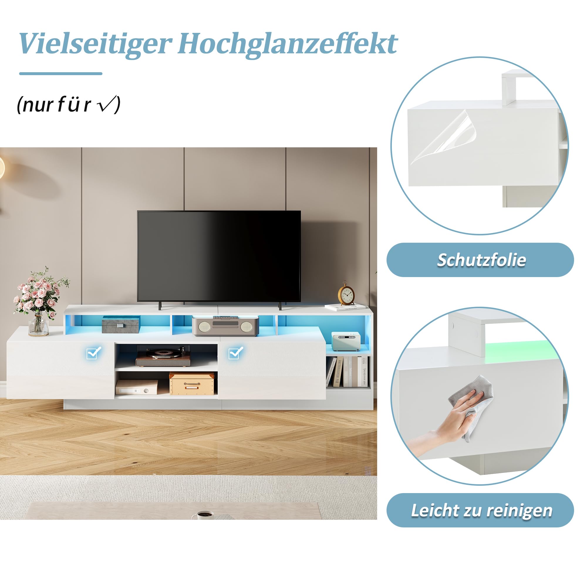 Azkoeesy Mobile TV da 190 cm, bianco lucido, luci a LED, 2 ante e scomparti aperti, moderno mobile TV per soggiorno