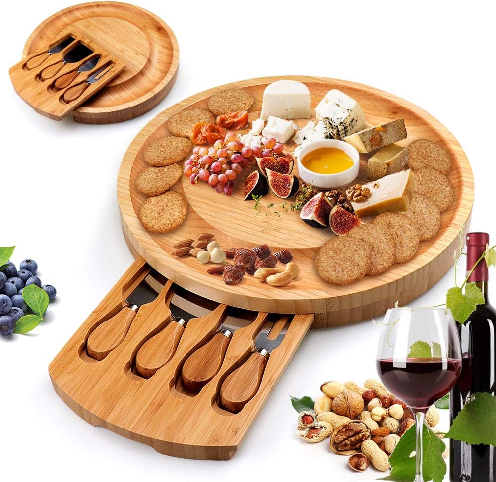 Bamboo Cheese Board and Knife Set, Cheese Charcuterie Platter Board Serving Tray With Slide-out Drawer for Wine Crackers Brie Meat