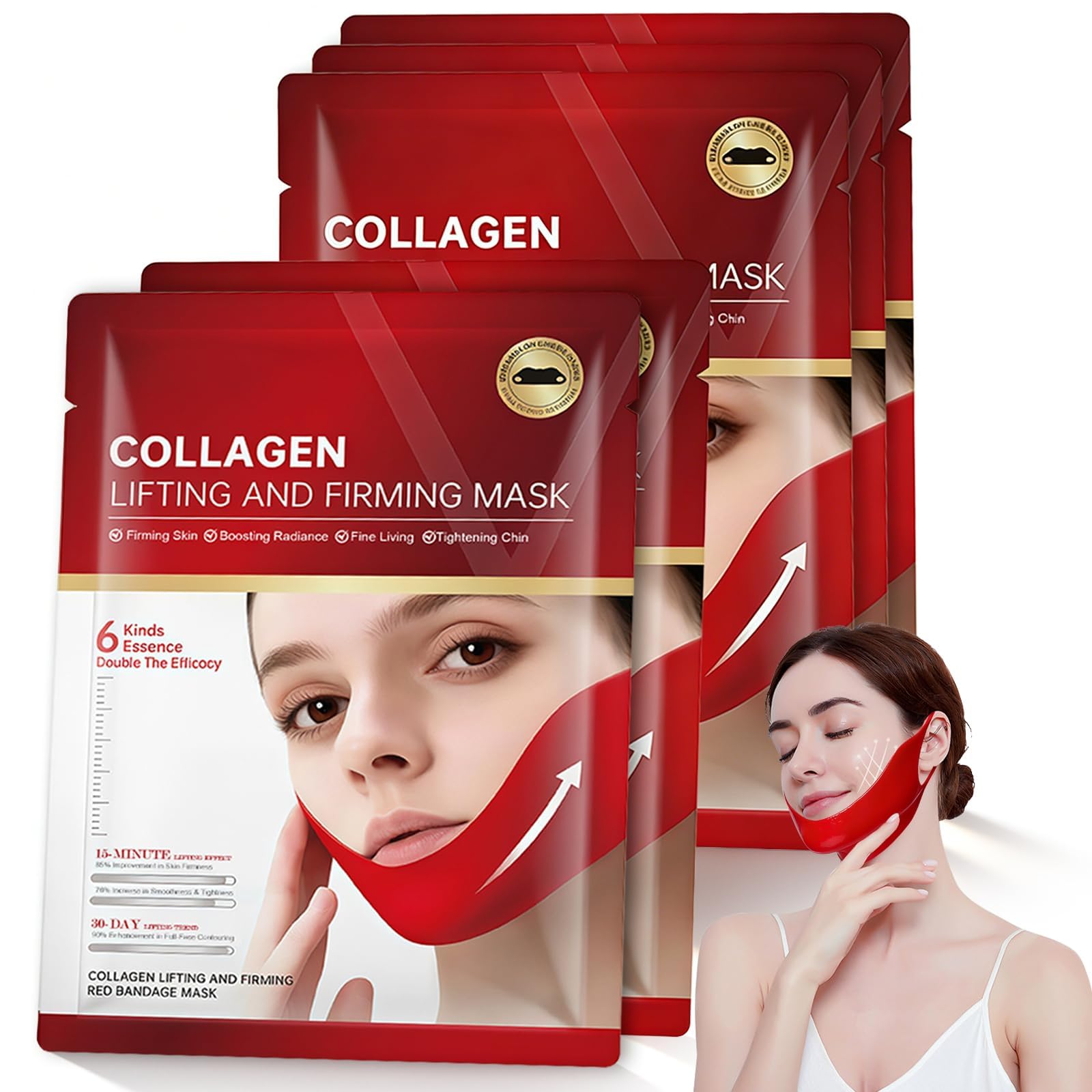 V-Line Lifting Kollagenmaske (5 Stück) zur Reduzierung des Doppelkinns | Strafft Kinn- und Halspartie | Hyaluronsäure, Aloe Vera, Cica für Straffung und Konturierung