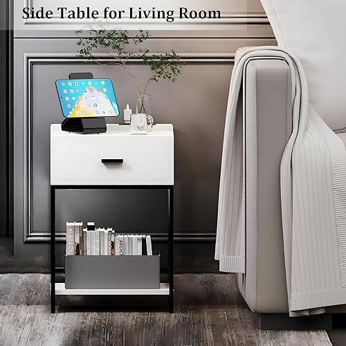 Miniatura 2 de Mesita de noche con estación de carga y puertos USB, mesa auxiliar de 3 niveles con cajón de madera, mesa auxiliar de cama alta para espacios