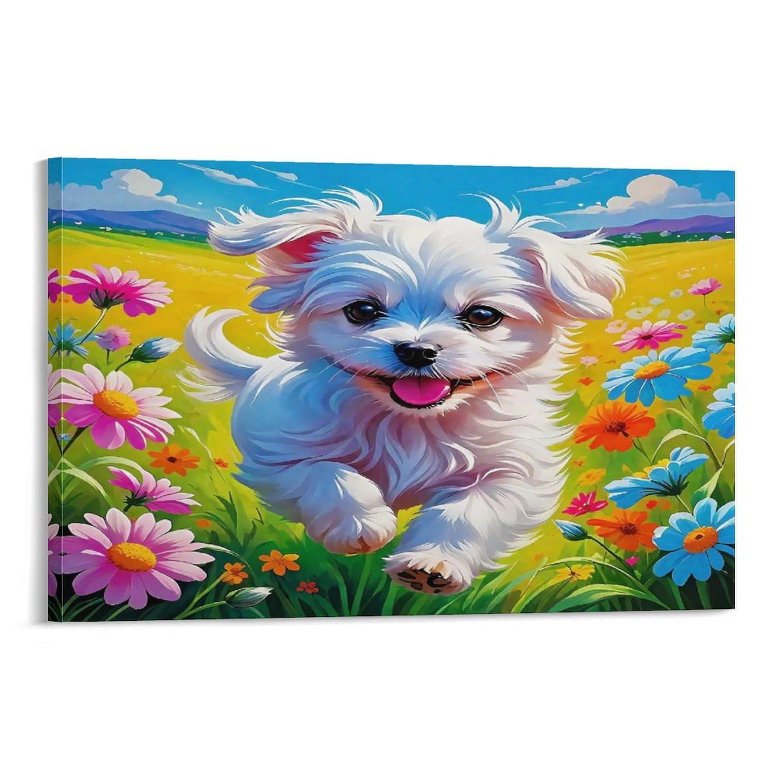 CPLVKWRQJ A Dog Individual Cute Puppy Running in Flowers Canvas Wall Art - Office Canvas Print Fade Resistant Wall Focal Art Ready to Hang 12x18inch(30x45cm)