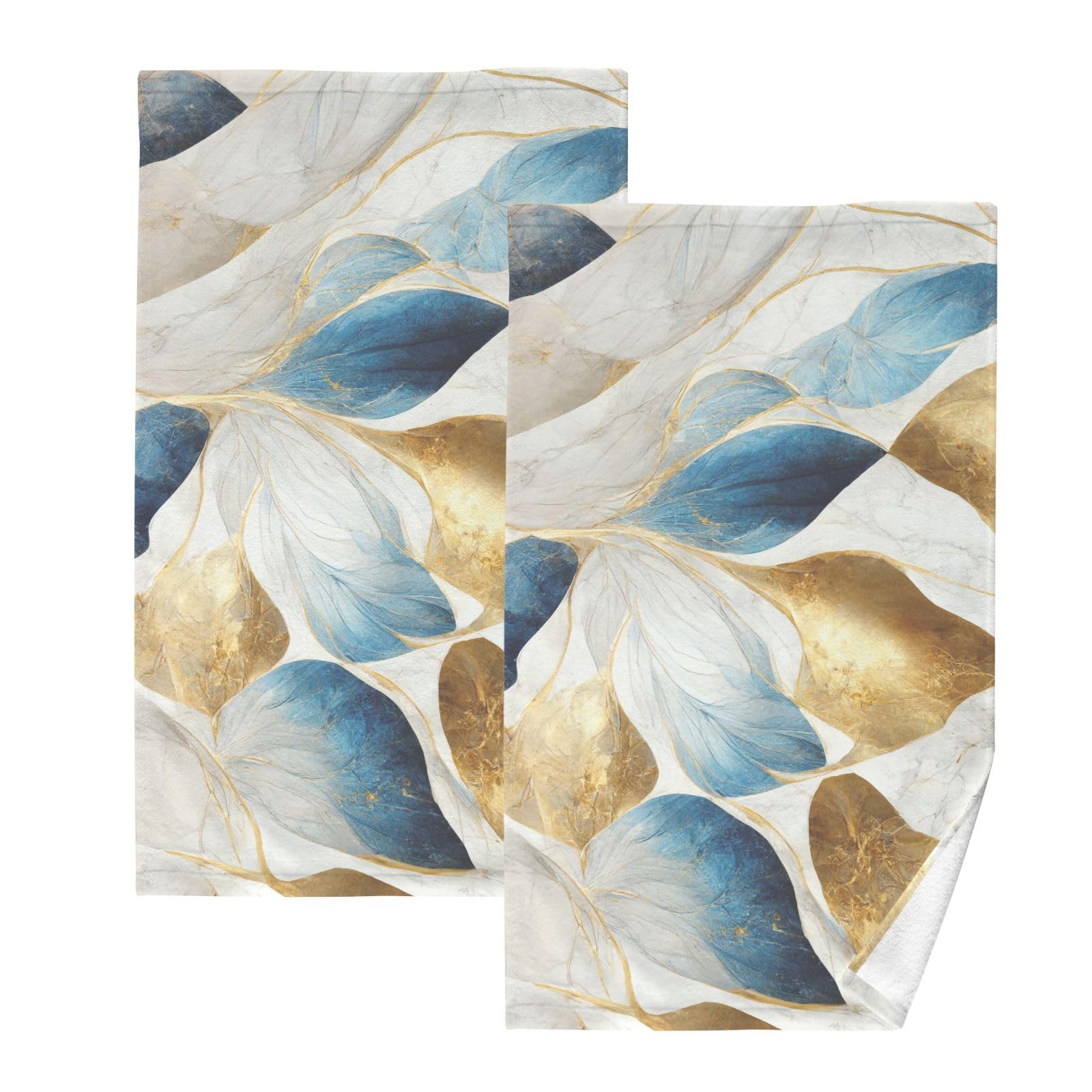 ALAZABath Towels Set of 2 Hand Towels for Bathroom 100% Cotton Abstract Blue Gold Marble Absorbent Soft 16×28 inch Decorative