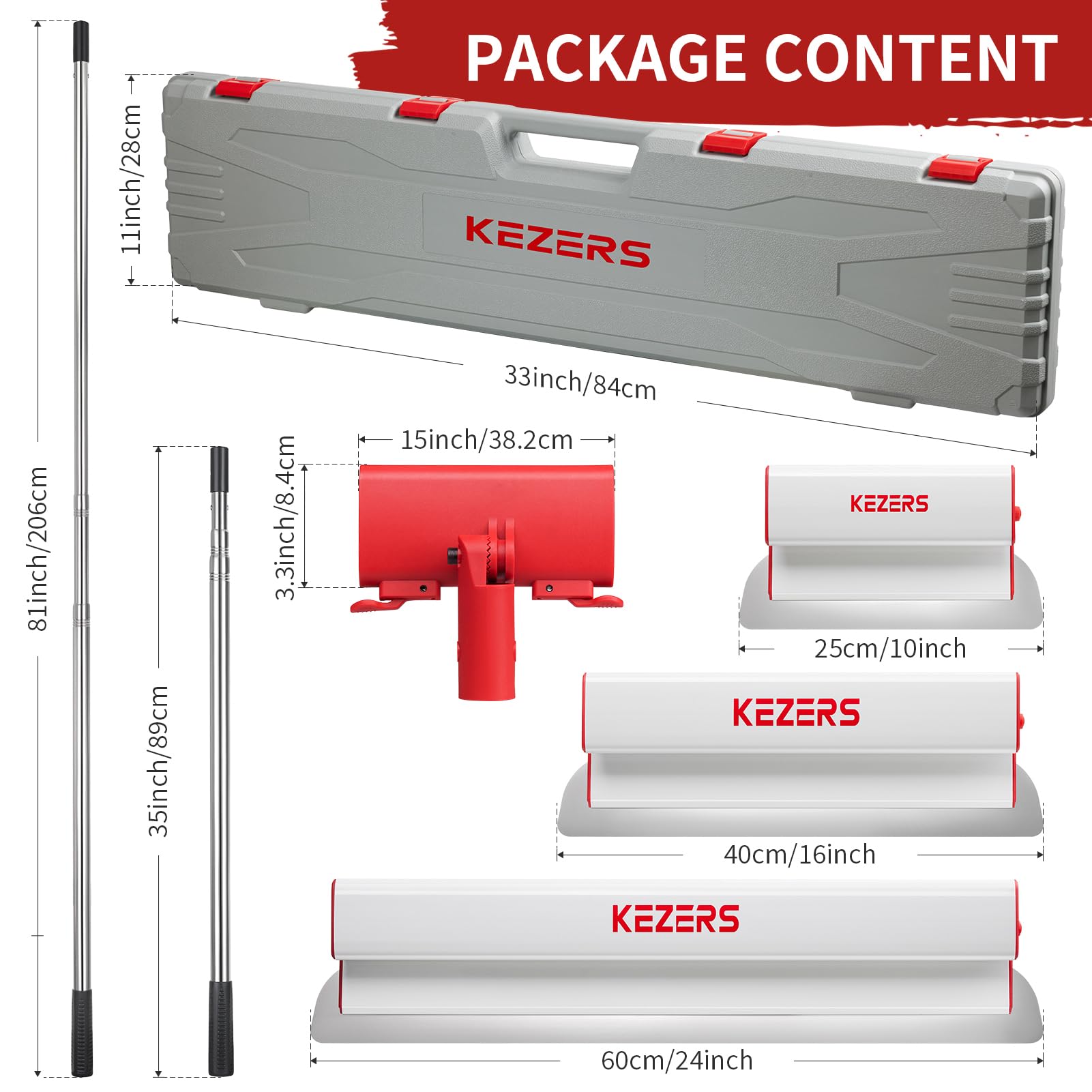 KEZERS Set di spatole per superfici da 25 cm, 40 cm e 60 cm, lama in acciaio inox, con asta telescopica e adattatore, set di spatole con valigetta per grandi aree di lavoro, decorazione da parete