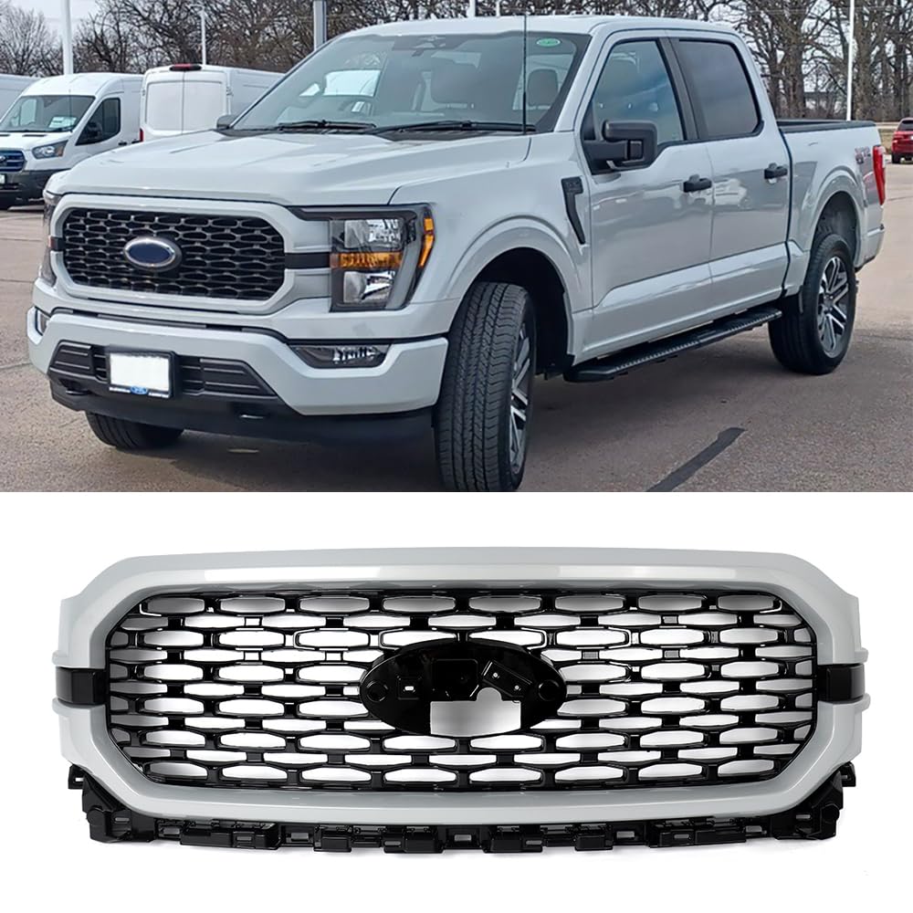 Avalanche Grey Front Grille Compatible with 2021-2023 F150 XL XLT Style Pickup Honeycomb Upper Bumper Grill Assembly Replace For ML3Z-8200-LBPTM