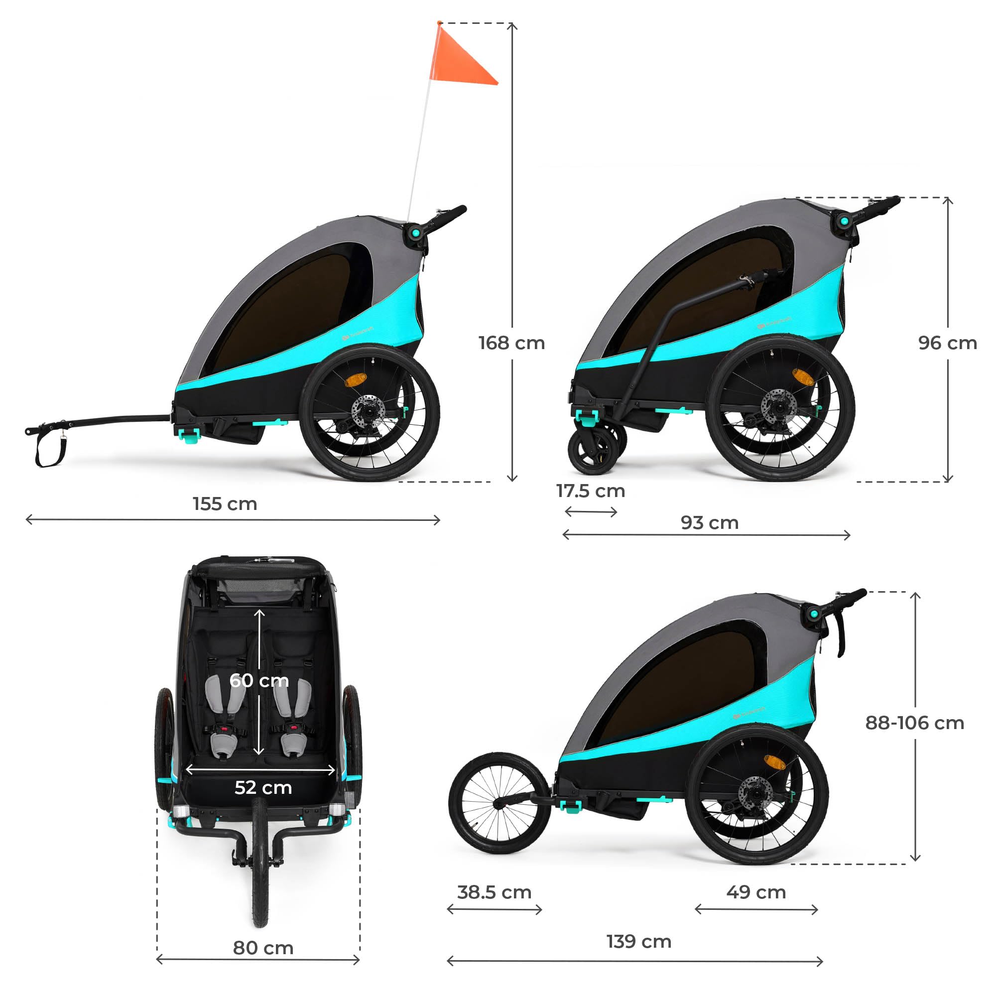 Kinderkraft NAVA 3in1 Kinderwagen Laufwagen Fahrradanhänger für zwei Kinder bis 44 kg Aluminiumrahmen Blau