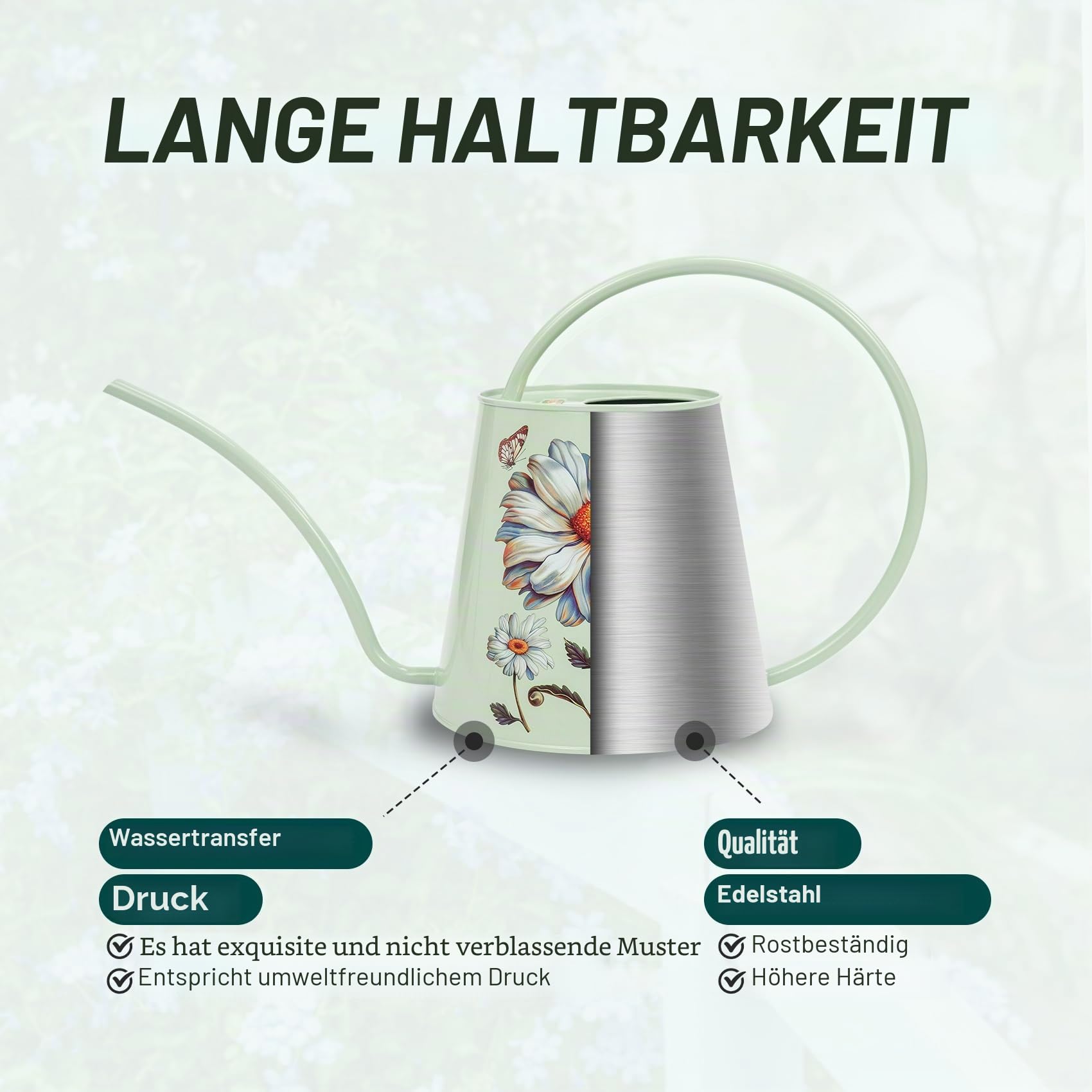 Berry&Bird Edelstahl-Gießkanne – für drinnen und draußen, große Gießflasche mit langem Auslauf, kein Tropfen, Zimmerpflanzen-Gießkanne für Blumen, Bonsai, Sukkulenten (2 l/Gänseblümchen)