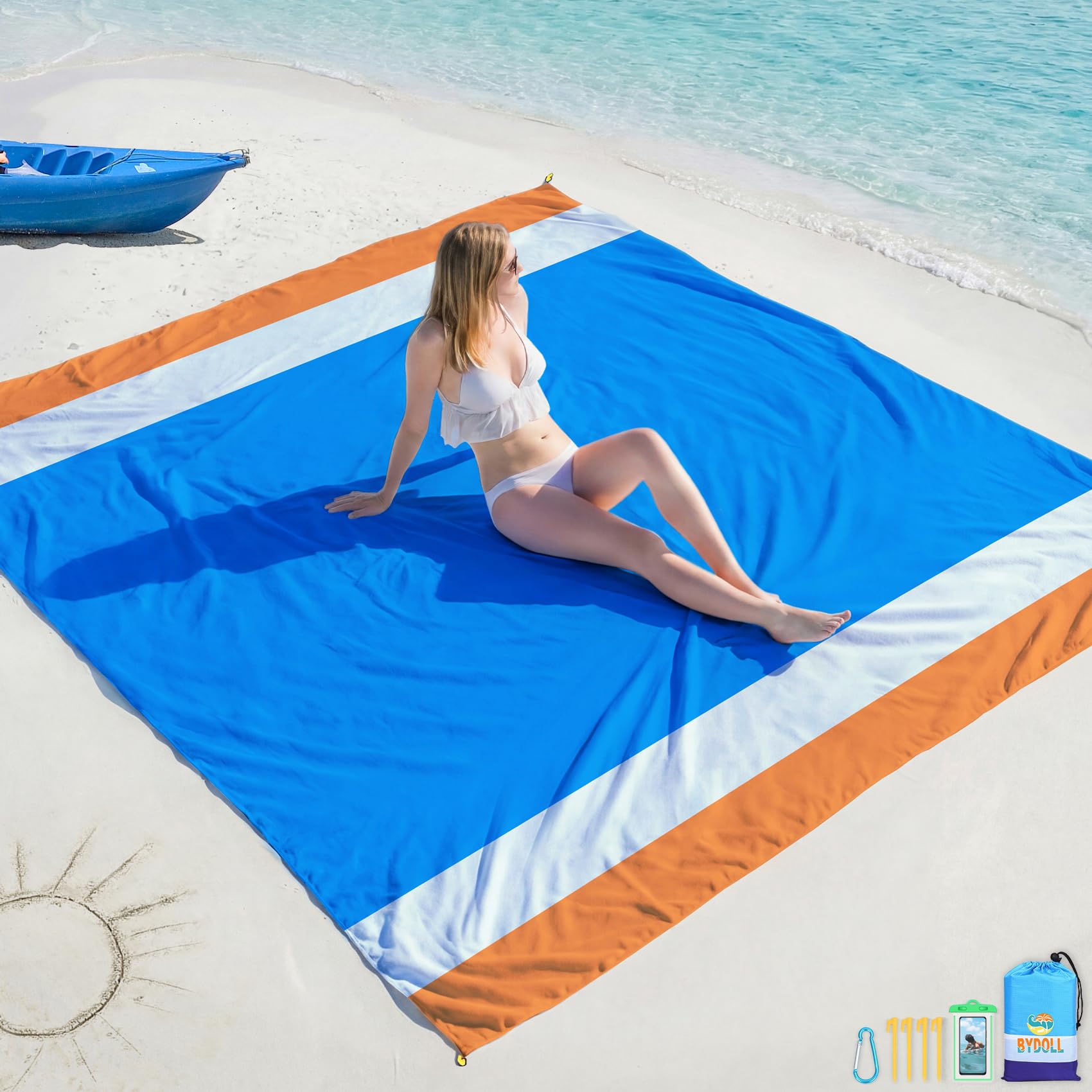 BYDOLL Beach Blanket 78''×81'' 4-7 Adults Oversized Lightweight Waterproof Sandproof Beach Blanket Large Picnic Mat for Travel Camping Hiking Picnic