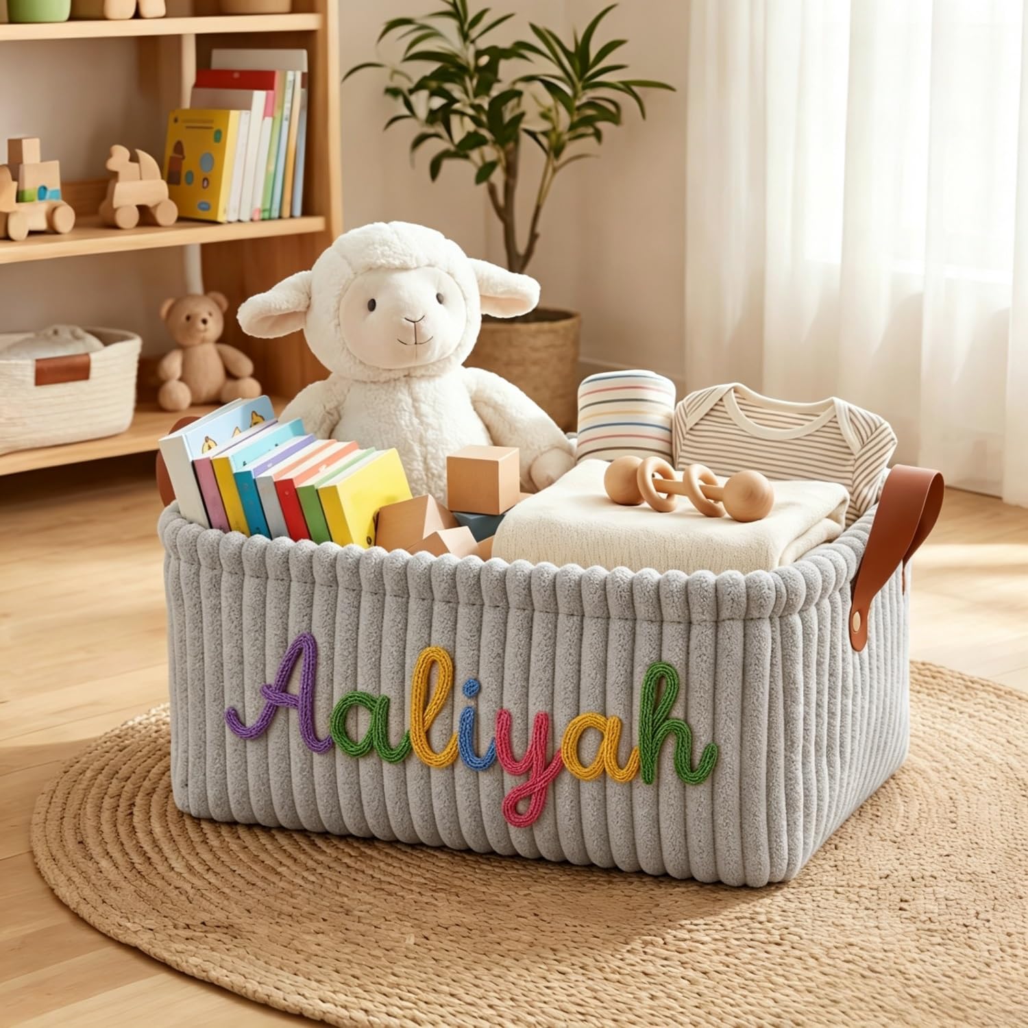 Bfbzyme Light Gray Personalized Woven Name Baby Diaper Basket, Custom Corduroy Nursery Organizer Storage Caddy, Foldable Clothes And Wipes Holder For Newborn