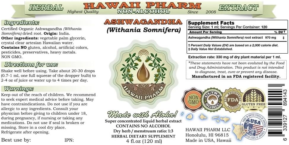 Ashwagandha Alcohol-Free Liquid Extract, Organic Ashwagandha (Withania Somnifera) Dried Root Glycerite 2x4 oz