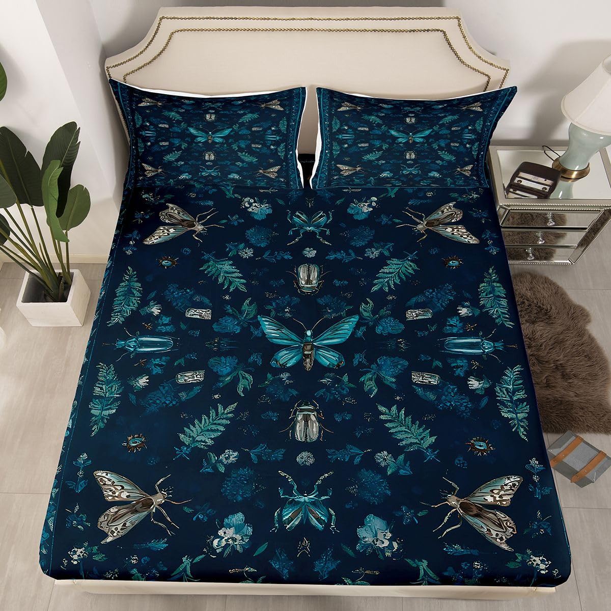Insect Print Fitted Sheet Plant Leaves Rustic Beetles Full Size Bed Sheets | Botanical Leaf Aesthetic Animal Bugs Pattern Moth Bedding Set,Dark Blue