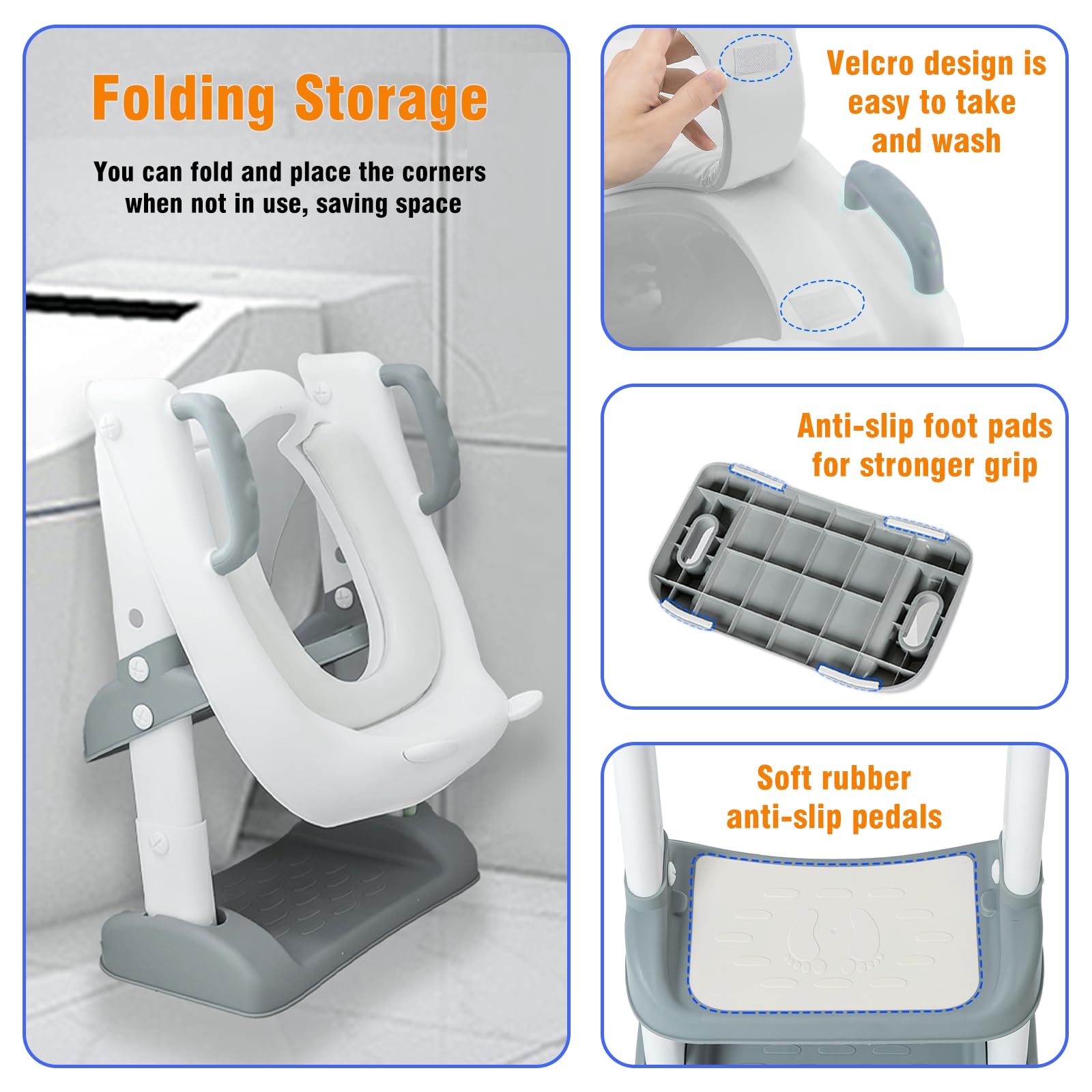 2 en 1 Reducteur Toilette Enfant avec Antidérapant Escalier & Coussin Moelleux, Rehausseur Toilettes Bebe Hauteur Réglable,Siège WC Antidérapante,Adaptateur Tabouret Pliable pour Toilettes Forme V,U,O