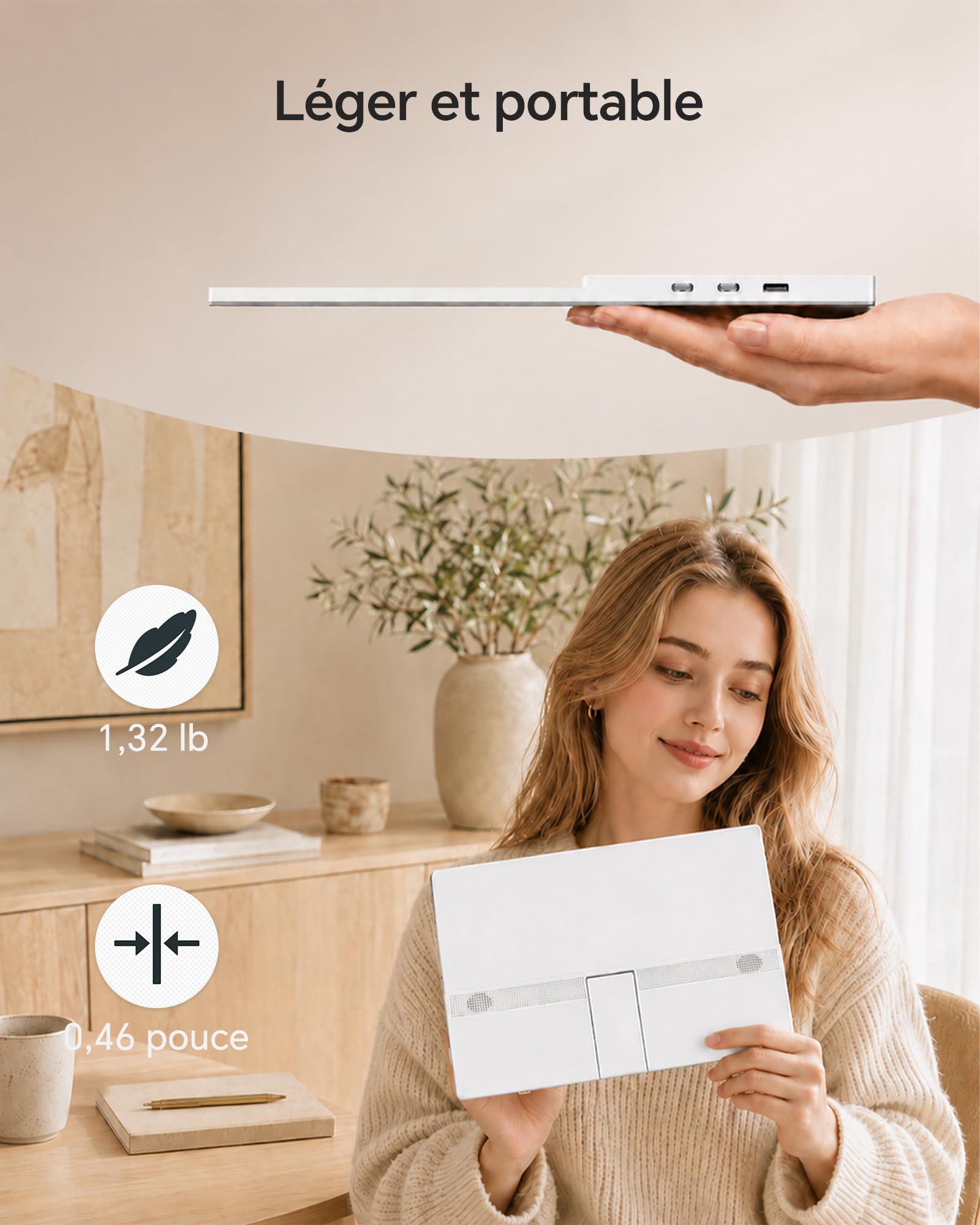 KTC Écran Portable 15,6" 1920x1080 FHD IPS, USB-C & Mini HDMI Écran Externe, HDR10, Moniteur de Jeu Ultra-Fin Portable avec Support & Haut-parleurs, pour Laptop/PC/Mac/PS3/PS4/PS5/Xbox, Blanc