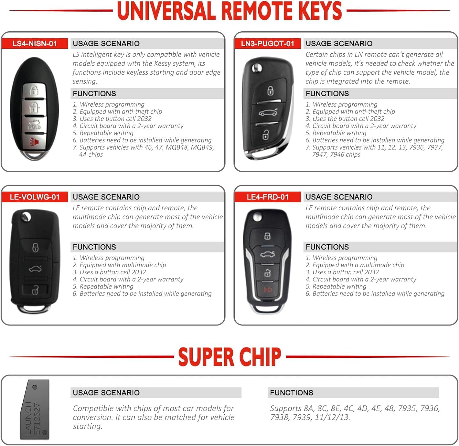 Details of universal remote keys including Nissan, Peugeot DS, Volkswagen, and Ford types