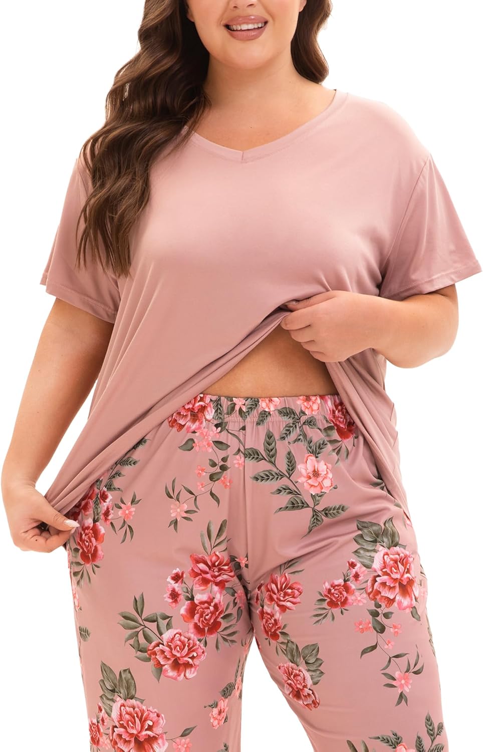 Plus Size Pajamas for Women Set, Womens Plus Size Short Sleeve V Neck Capri Pants Pajama Sets with Pockets - Image 5