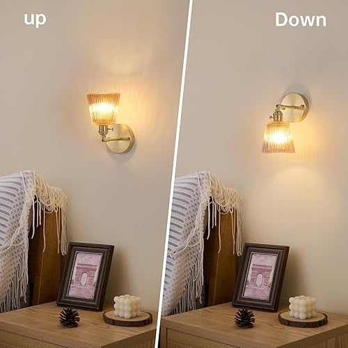 Miniatura 7 de Juego de 2 apliques de pared vintage con pantalla de vidrio a rayas ámbar, apliques de latón ajustables de 180 grados, con cable de iluminación,