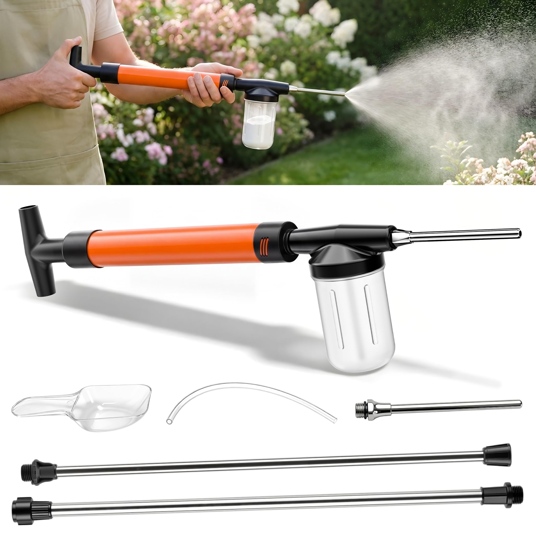 Adjustable Powder Duster with 4 FT Extension Pole, Manual Pump Sprayer for Diatomaceous Earth and Fine Garden Powder, Handheld Dispenser Tool for Home and Yard Maintenance (Orange)