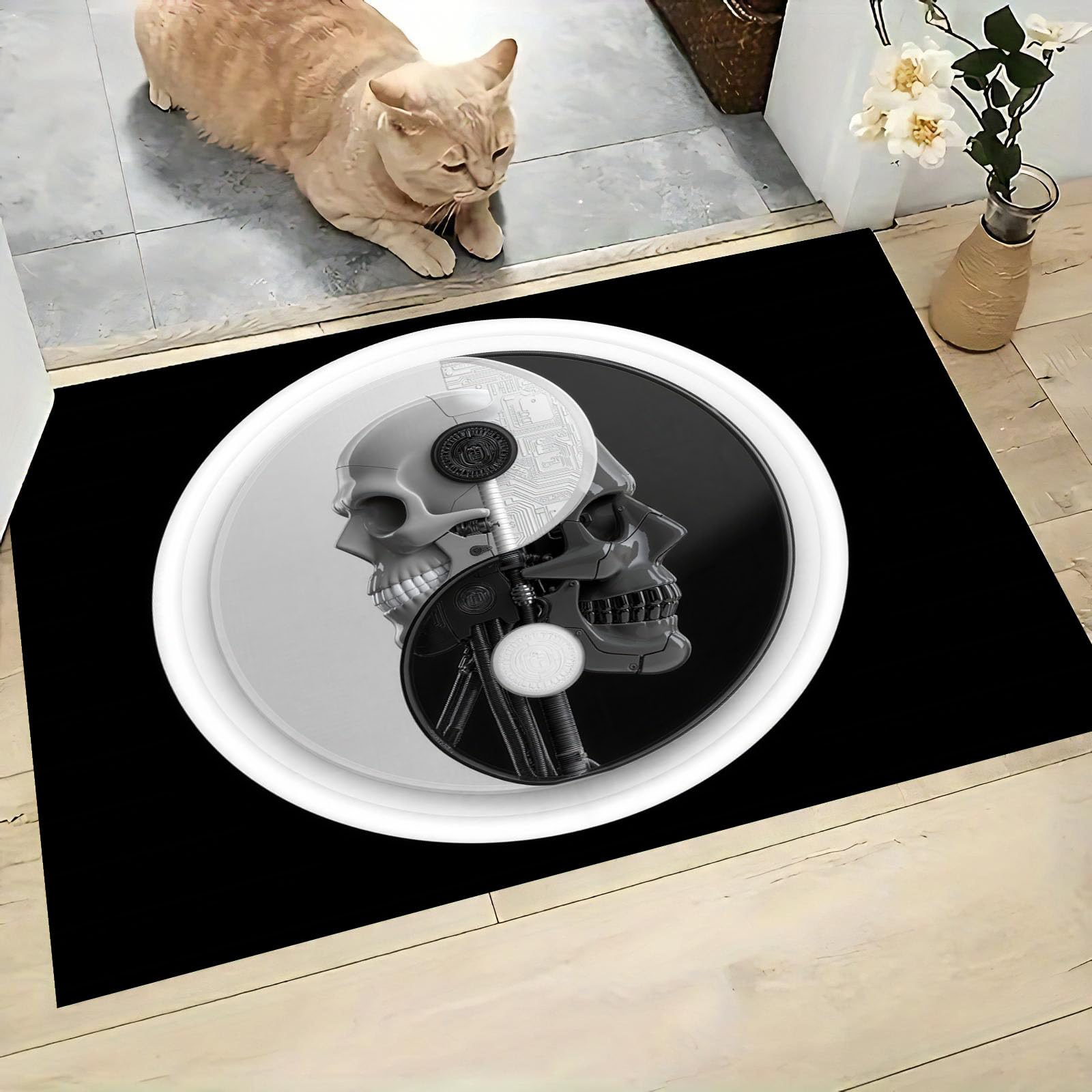 Paillasson intérieur Style Cyberpunk Sombre Squelette Mécanique Yin Yang, Tapis d'entrée antidérapant Lavable en Machine, Tapis Doux pour Cuisine, Salle de Bain, Chambre, Couloir - 60x90cm