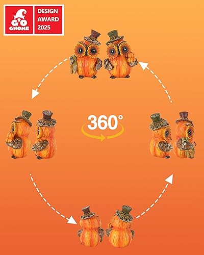 Miniatura 5 de Paquete de 2 figuras de resina de búho de Acción de Gracias de 4.7 pulgadas, decoración de mesa de Acción de Gracias, calabazas Haverst, calamos,