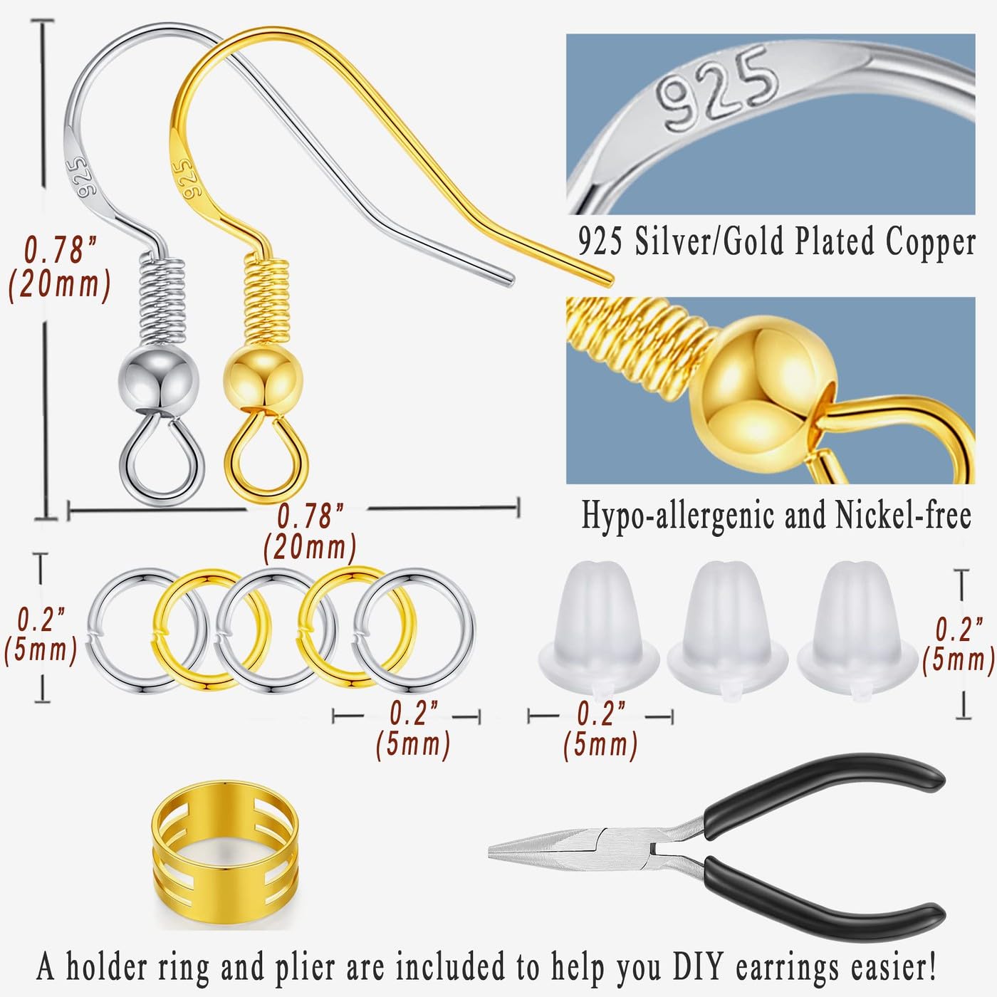 XIANNVXI Earring Hooks for Jewellery Making,602 Pcs Earring Making Kit,925 Silver and Gold Plated,Hypoallergenic Earring Making Kit,Jewellery Findings,Jump Rings,Rubber Earring Backs,DIY Tool - Image 3