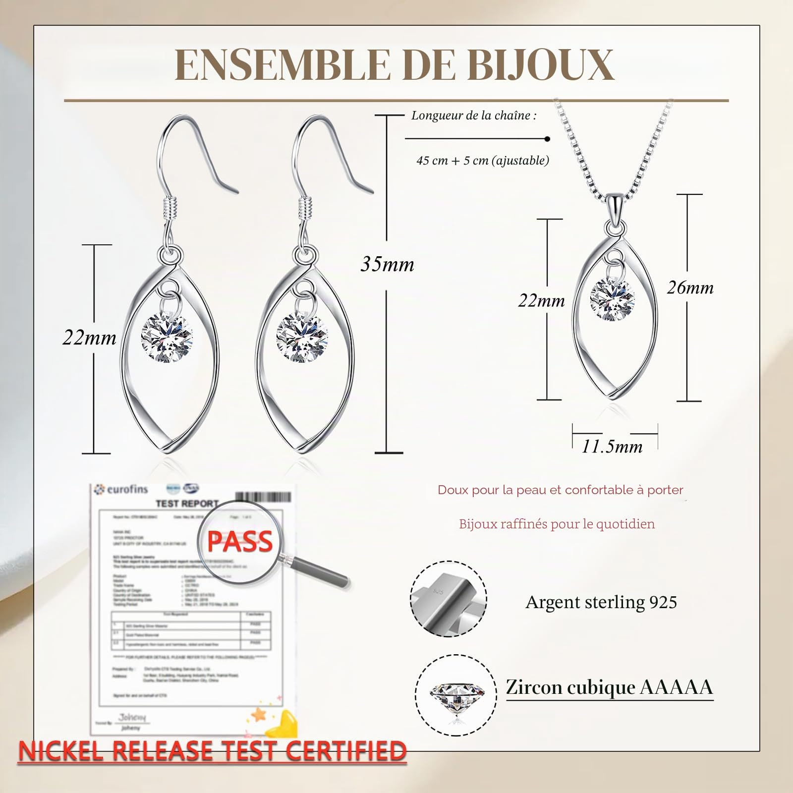 Femme Parure de Bijoux Argent Fin 925 avec Zirocon Cubique 5A Blanc, Ensemble de Boucles d'oreilles + Collier en Forme Tordue pour Femme Fille, Chaîne Pendentif Argent Hypoallergénique