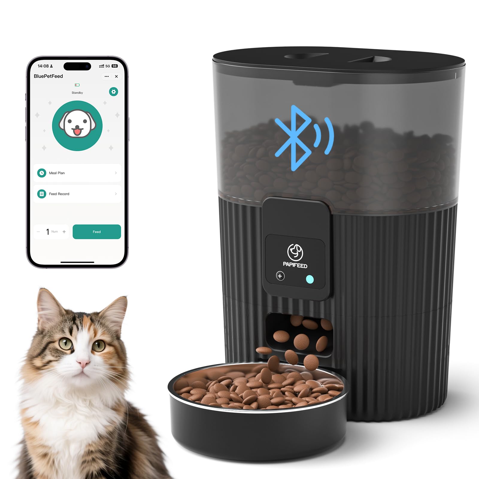 PAPIFEED Automatic Cat Feeder 3.5L/15 Cup 2.4G Bluetooth Pet Feeder for Dog Work with Alexa & Echo Timed Cat Food Dispenser for Remote Feeding with Stainless Steel Bowl up to 10 Meals Per Day with APP