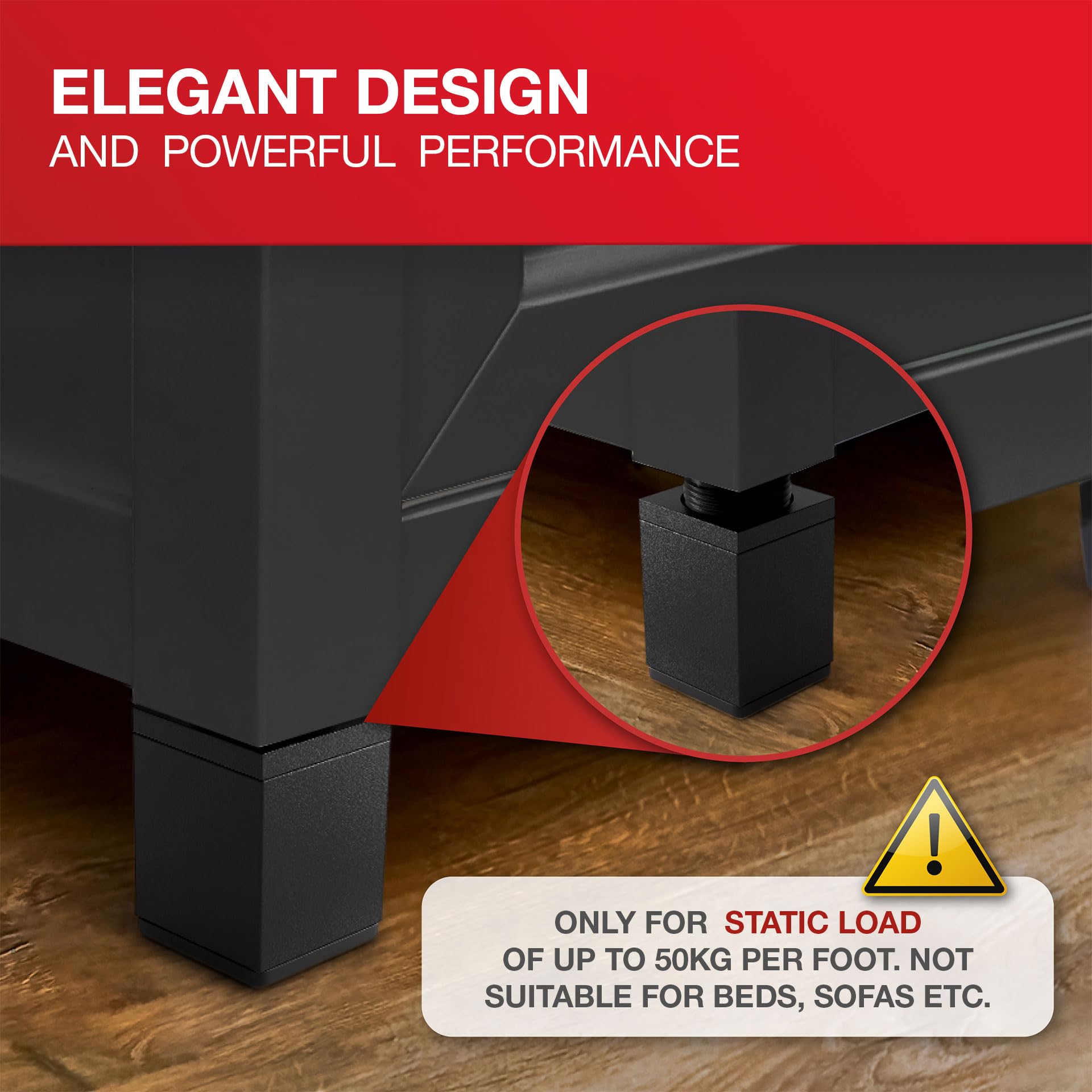 LouMaxx Adjustable Square Furniture Feet, Set of 4-40 x 40 x 60 mm in Black with Mounting Plate, Aluminium Feet - Image 2