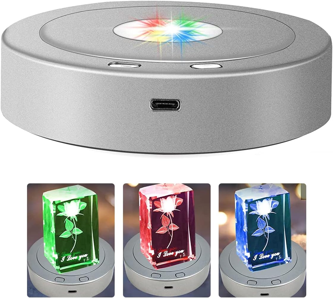 - HASTHIP® 1Pcs Rotating Display Stand, Display Stand with Colored Lights, Lighted LED Base for Glass Art with 4 Revolving & 8 Light Modes, USB Charging & Battery-Operated (Without Battery)