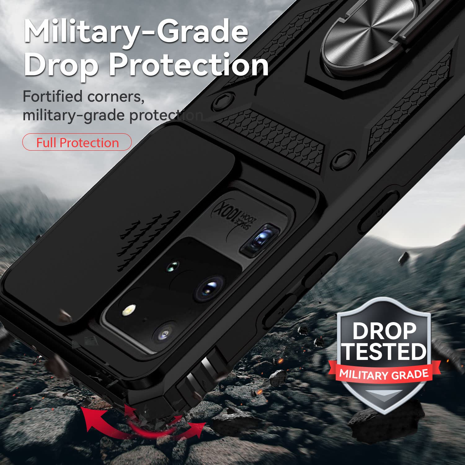Jiyu Funda Compatible con Samsung Galaxy S20 Ultra 5G Carcasă Armor Militar Cubierta de Cámara Deslizante Proteger Fundas con 360 Full Protección Anillo Soporte Silicona Estuche Cover Case,Negro — view 5