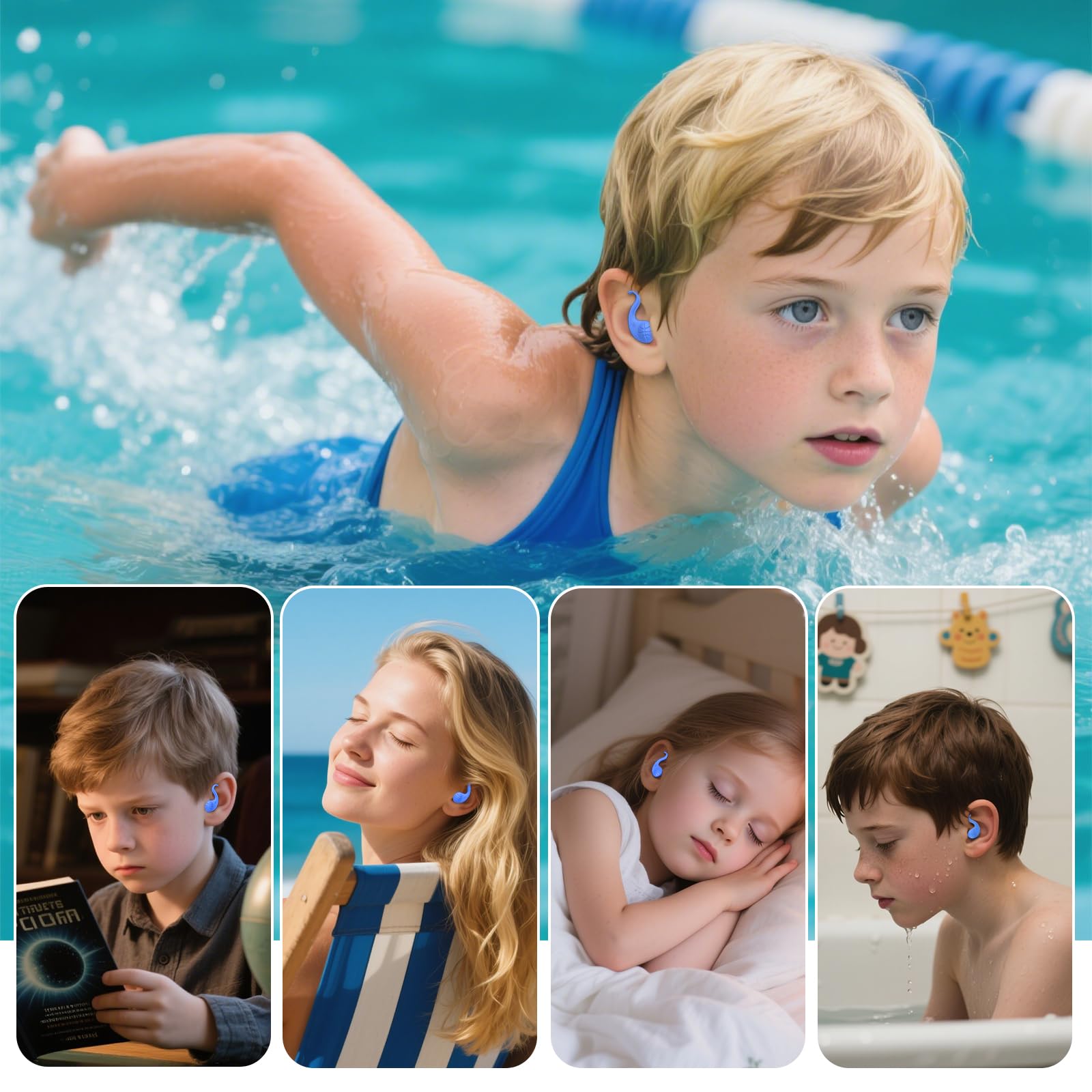 Tappi per le orecchie da nuoto per bambini (4-12 Anni), 4 Paia Tappi Orecchie Piscina in Silicone Riutilizzabili, per doccia, nuoto, surf, snorkeling e altri sport acquatici