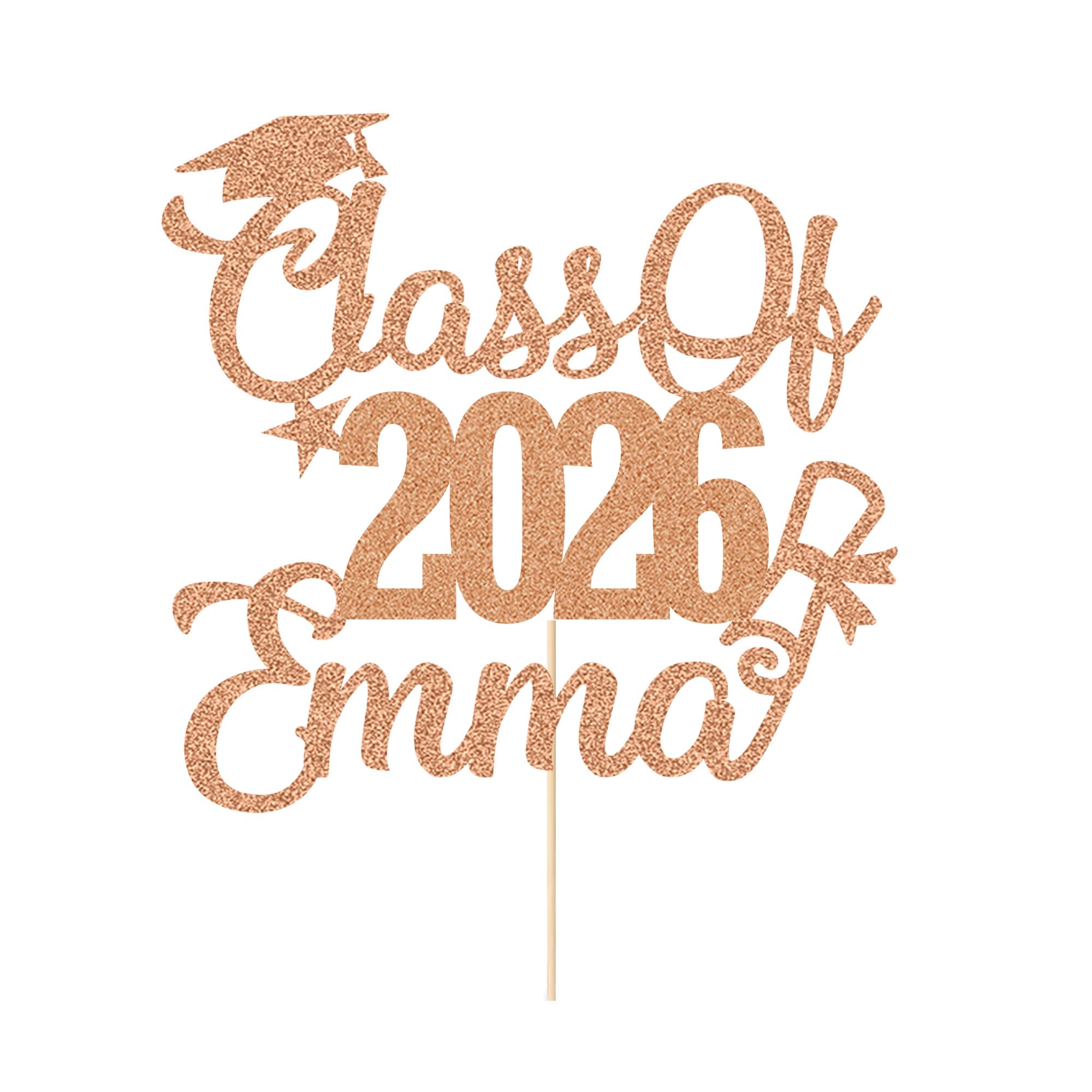 Personalised Cake Topper Custom Congrats Graduation Hat Student Class of 2026 Double Sided Glitter Card Rose Gold