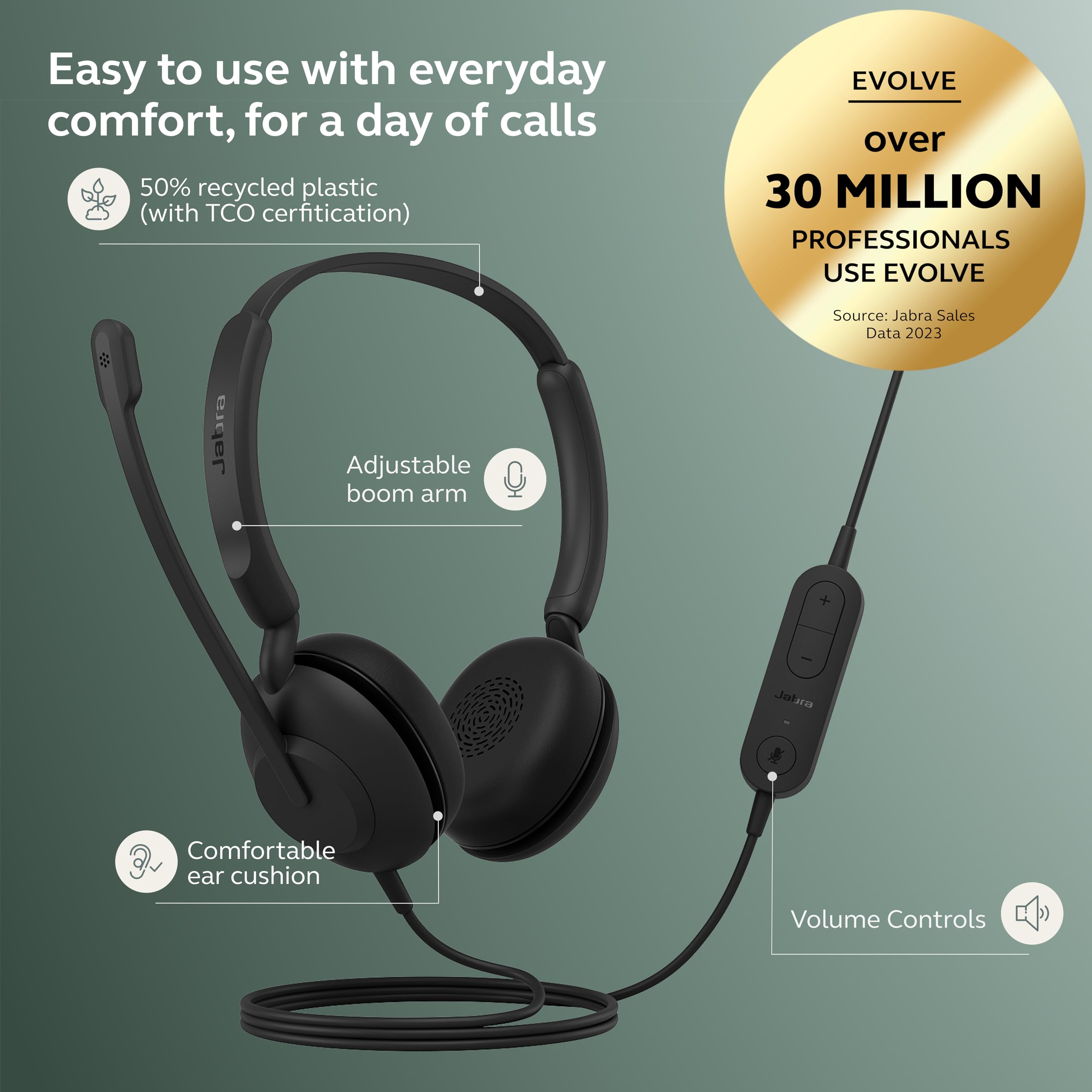 Jabra Evolve 10 Wired Headset with Noise-Cancelling Microphone for PC/Laptop Use, Easy USB-A Setup, TCO Certified, Lightweight Design, Inline Call/Volume Controls for Online Meetings, Black