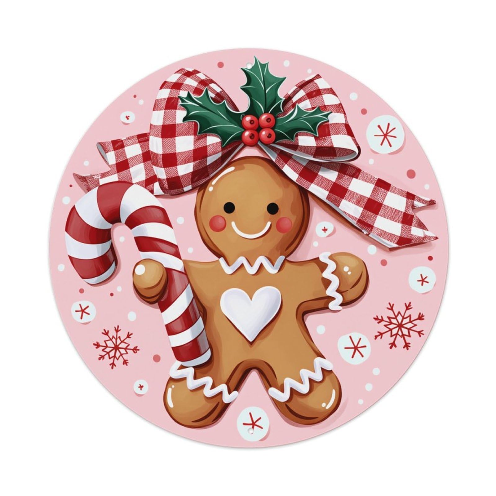 Gingerbread Man Candy Cane Bow Snowflake Round Tin Sign Vintage Metal Poster, Home Bar Garage Man Cave Cafe Indoor & Outdoor Wall Decoration 8x8Inches