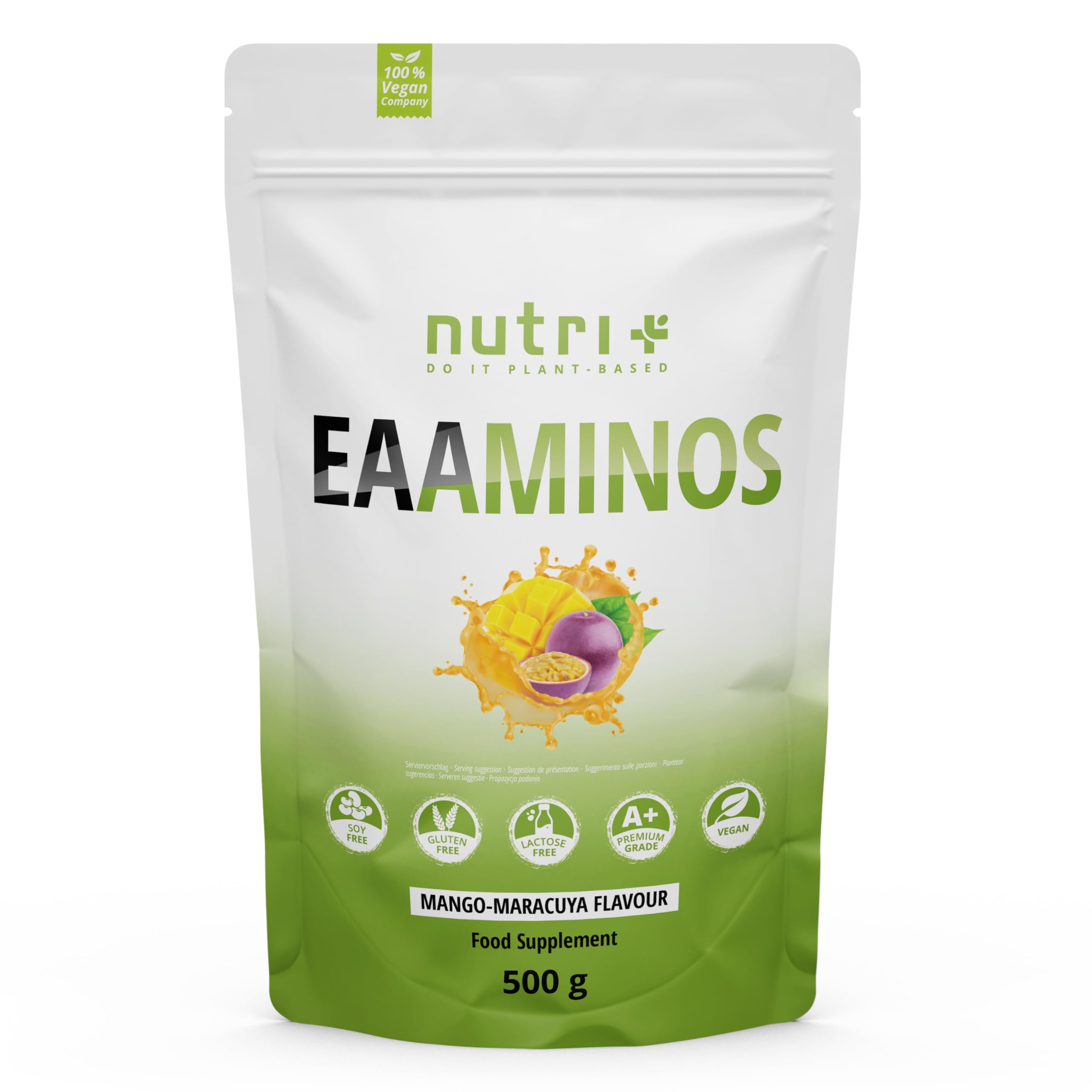 Nutri + EAA Vegani in Polvere Aminoacidi essenziali 500 g Plant based – Fermentazione vegetale – ideali pre intra post Workout - Mango & Passion Fruit