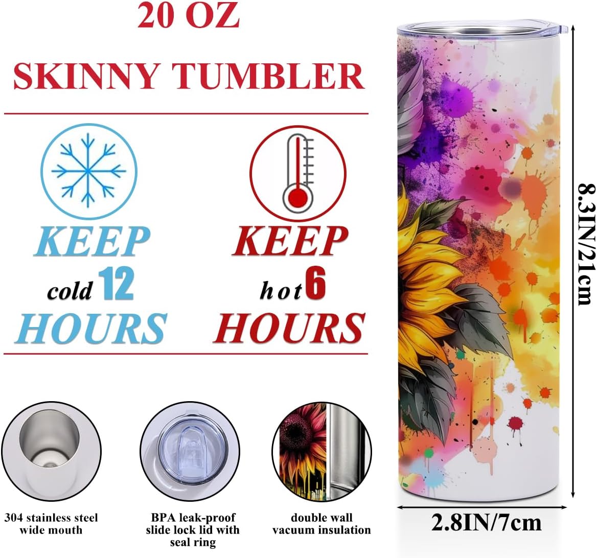 Watercolor Sunflower 20 oz Skinny Tumbler Stainless Steel Slim Insulated Tumblers Straight Water Bottle Coffee Mug Thermal Travel Cup with Lid, Christmas Birthday Sunflower Gifts for Women Friends - Image 2