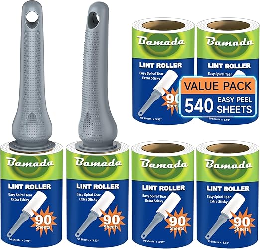 Sticky Lint Roller for Pet Hair: Lint Remover for Dog Cat Hair Mega Value Set 540 Sheets 2 Handles+6 Rollers Fur Removal for Clothes Couch Furniture