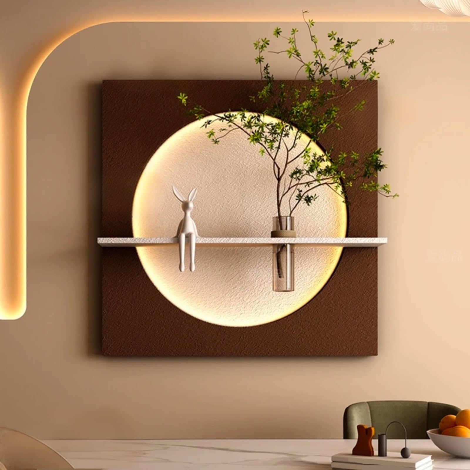 ZCQMSCWW 3D Sandstone Wall Art with LED Light, Plug-in Design,with Glass Vase for Hydroponic Plants, Hanging Mural for Living Room, Bedroom, and Entryway(E,70 * 70cm/27.5 * 27.5in)