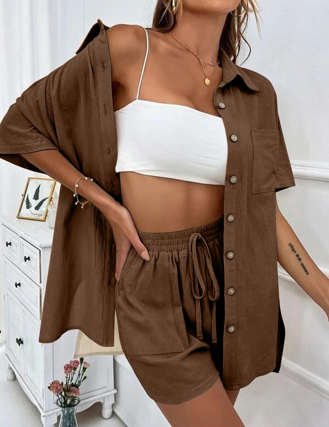 APAFES Women Summer Cotton Linen Short Sets 2 Piece Shorts Top Lounge Beach Vacation Two Piece Outfits Tracksuits - Image 3