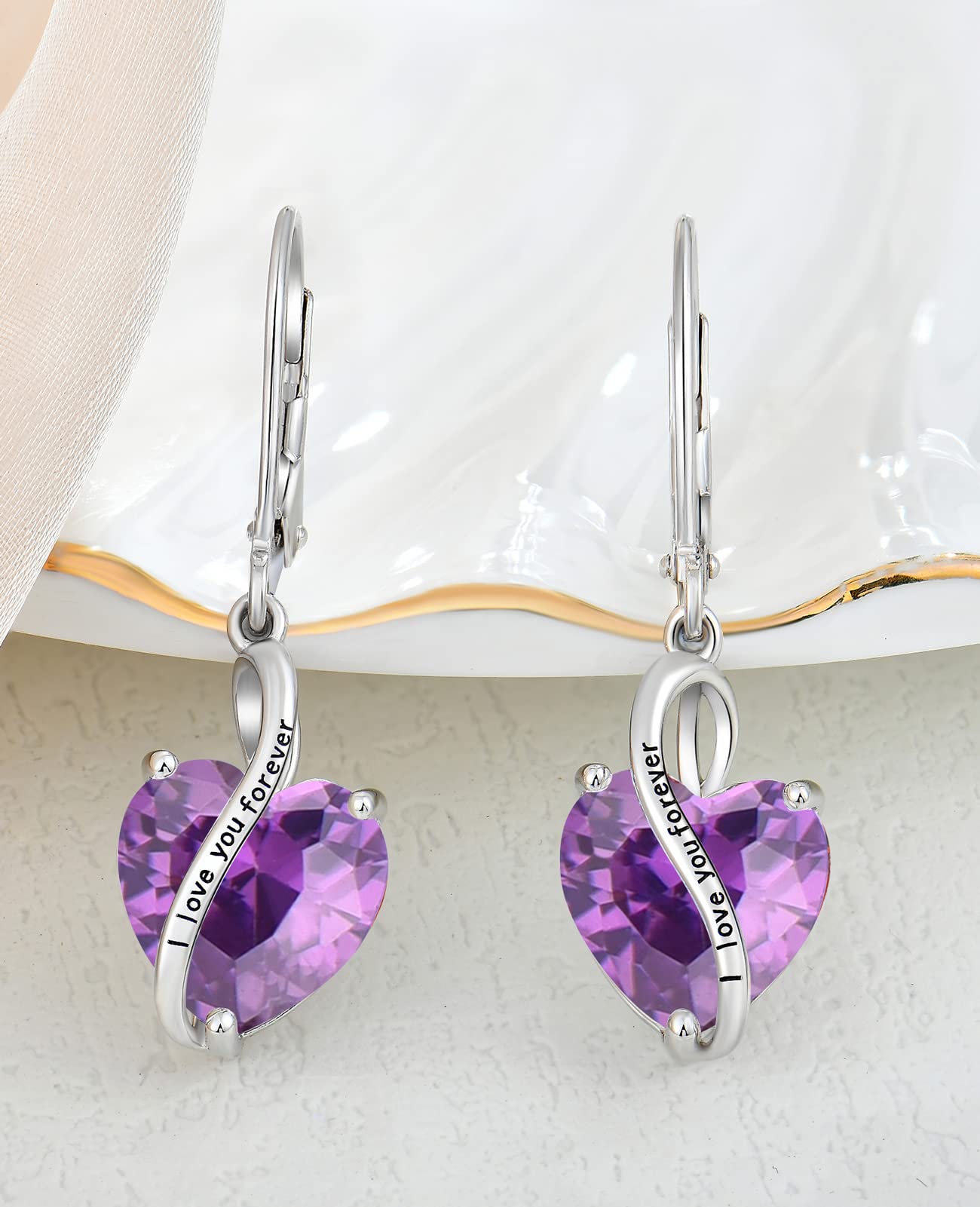 YL Pendientes Corazón Plata de Ley 925 con 12 piedras de Nacimiento Circonita "I love you" Pendientes para Mujer
