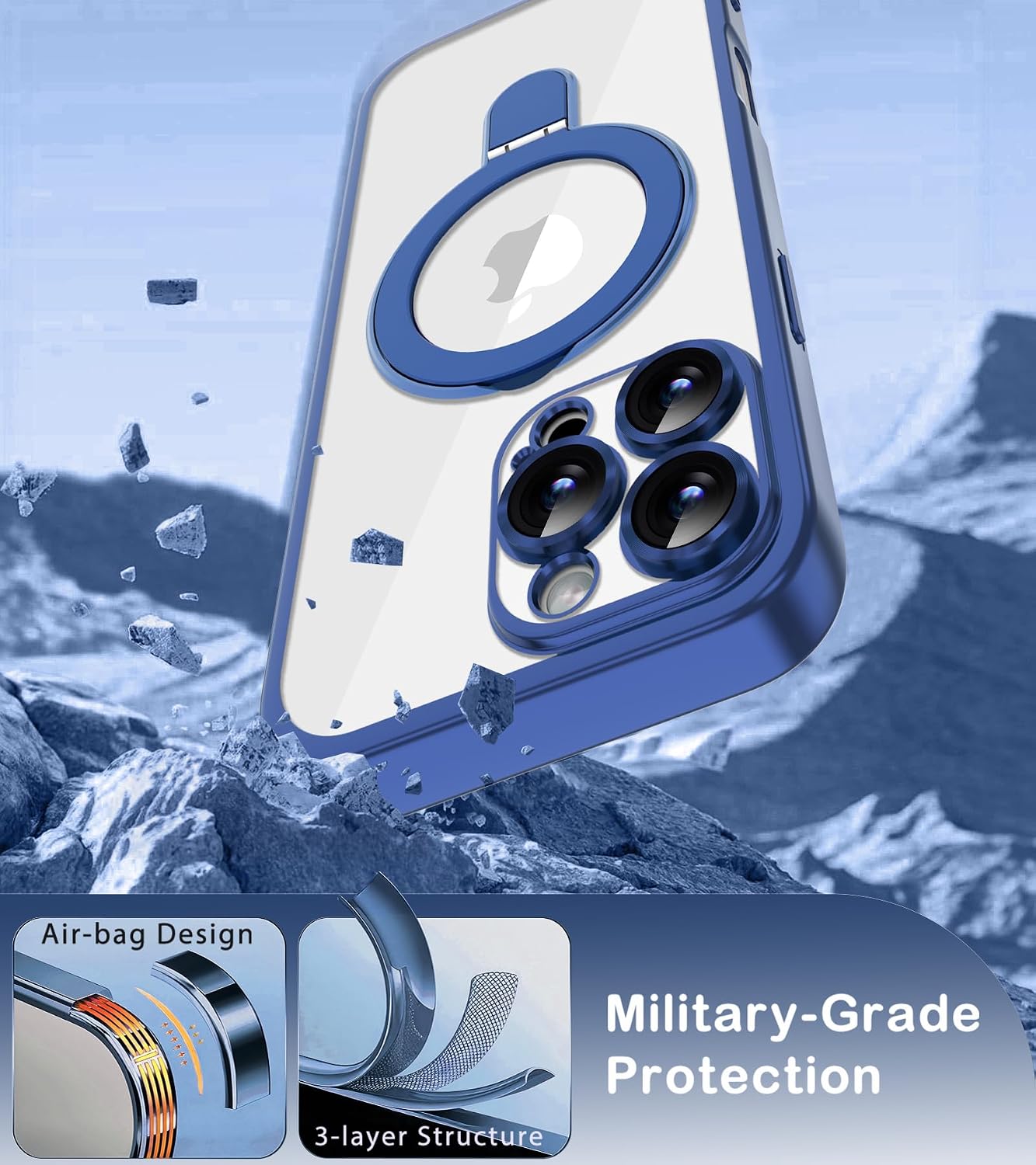 Magnetic for iPhone 16 Pro Max Clear&Navy Blue Case with Stand image 5