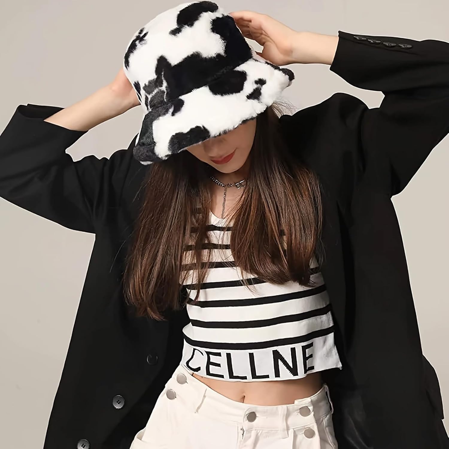 Winter Plush Bucket Hat for Women Cow Print Fuzzy Bucket Caps Casual Warm Faux Fur Fisherman Hats - Image 2