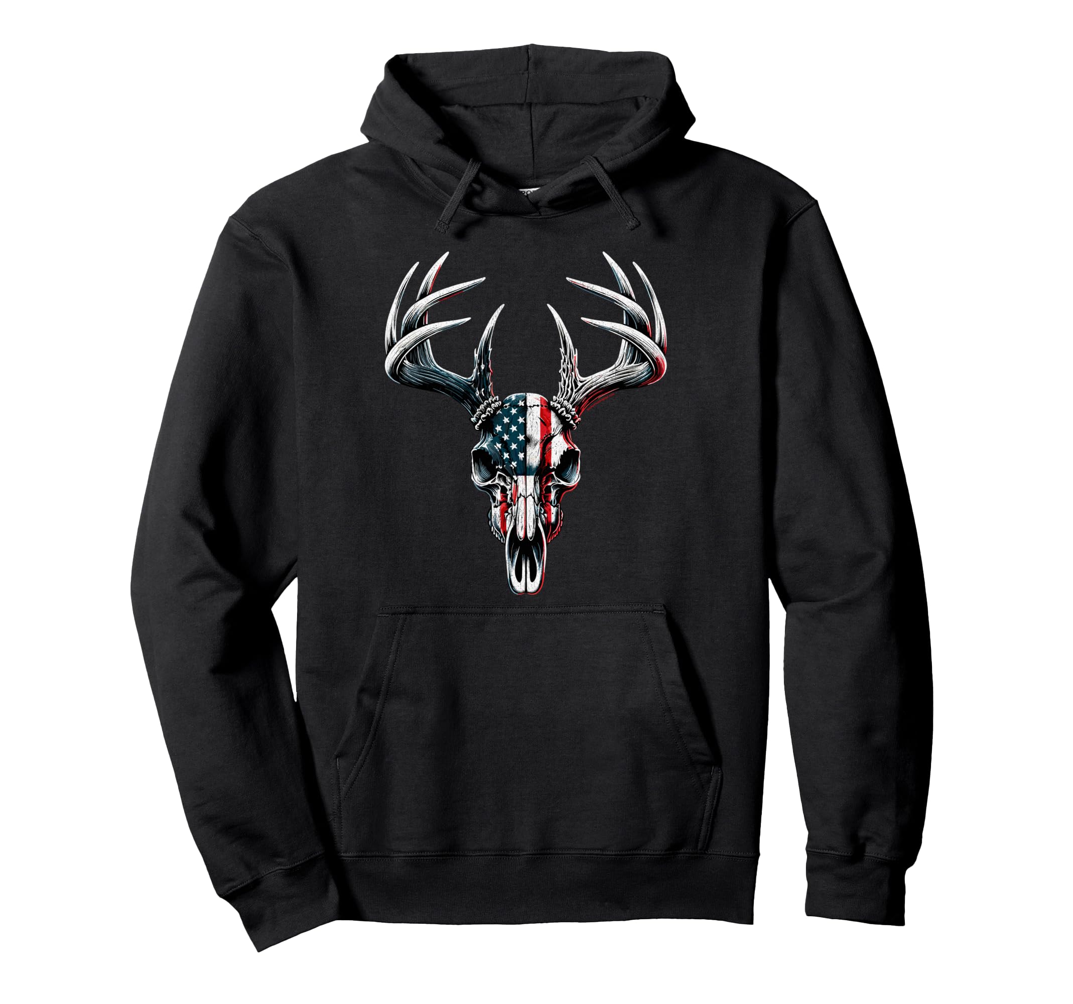 Whitetail Deer Hunting - American Flag on Buck Skull Pullover Hoodie