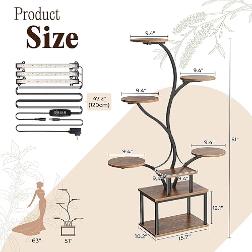 Miniatura 7 de PRAISUN Soporte para plantas de 51 pulgadas con luces de crecimiento, estante de plantas de interior de 8 niveles con soporte para flores más
