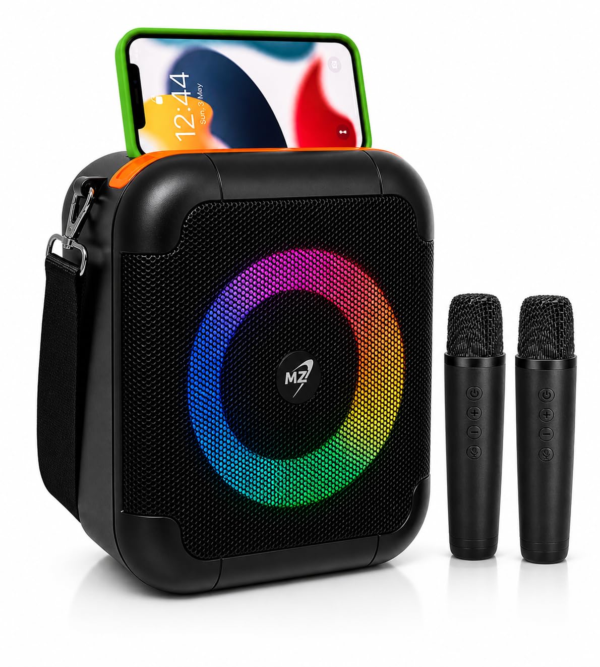 80W Portable Bluetooth Party Speaker with 2 Wireless Microphones, RGB Lights, 2400mAh Battery, Mobile Stand, Deep Bass, USB/TF/AUX Support, Carry Strap – Loud Outdoor Karaoke Speaker (Black)-image-46