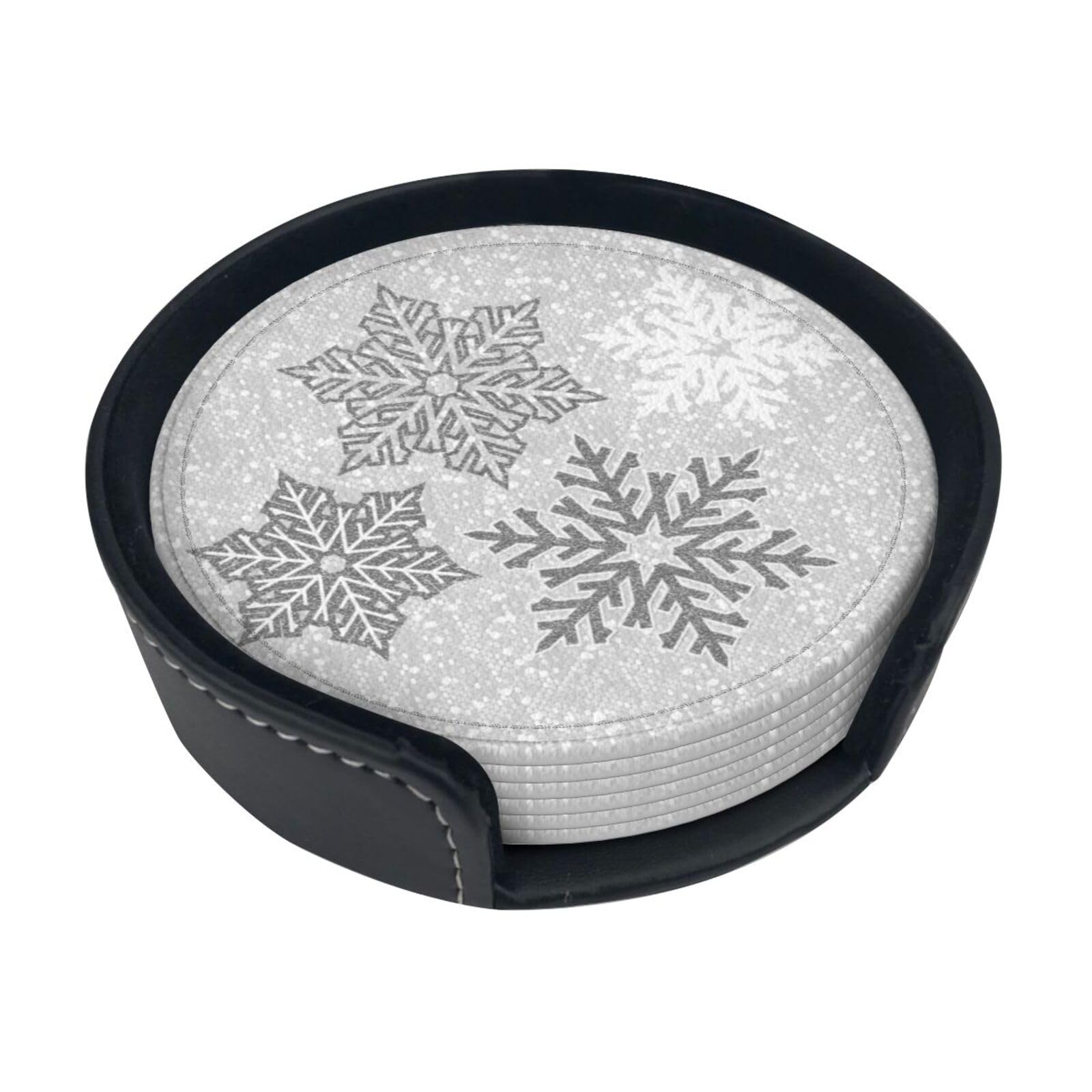 Poadnly As Picture Christmas Sparkling Silver Gray And White Snowflakes,Set Of 6 Round Coasters, Pu Leather Drinks Coasters With Holder For Home Office Kitchen