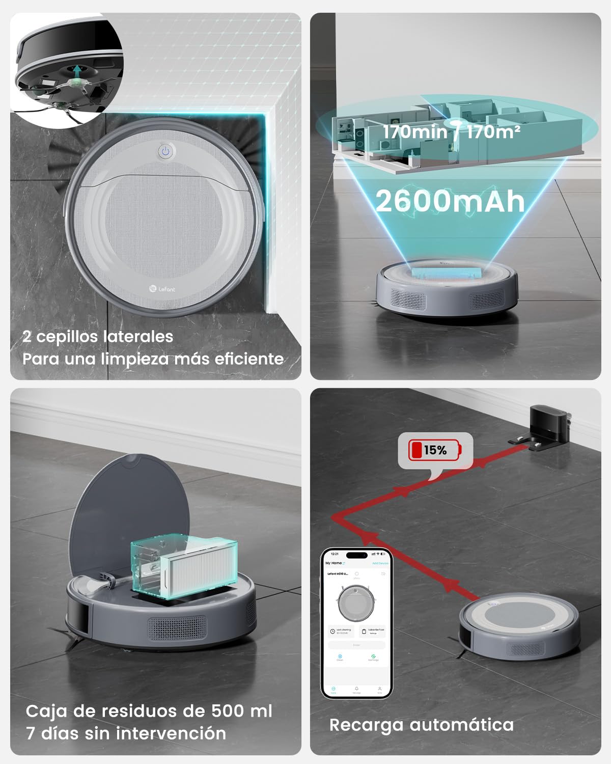 Lefant M310 Ultra Robot Aspirador y Fregasuelos 3 en 1 con Succión de 6000Pa, 170min, Mapeo Láser ToF, Evasión de Obstáculos PSD de 190°, Reconocimiento de Alfombras, WiFi/App/Alexa, Gris — view 5
