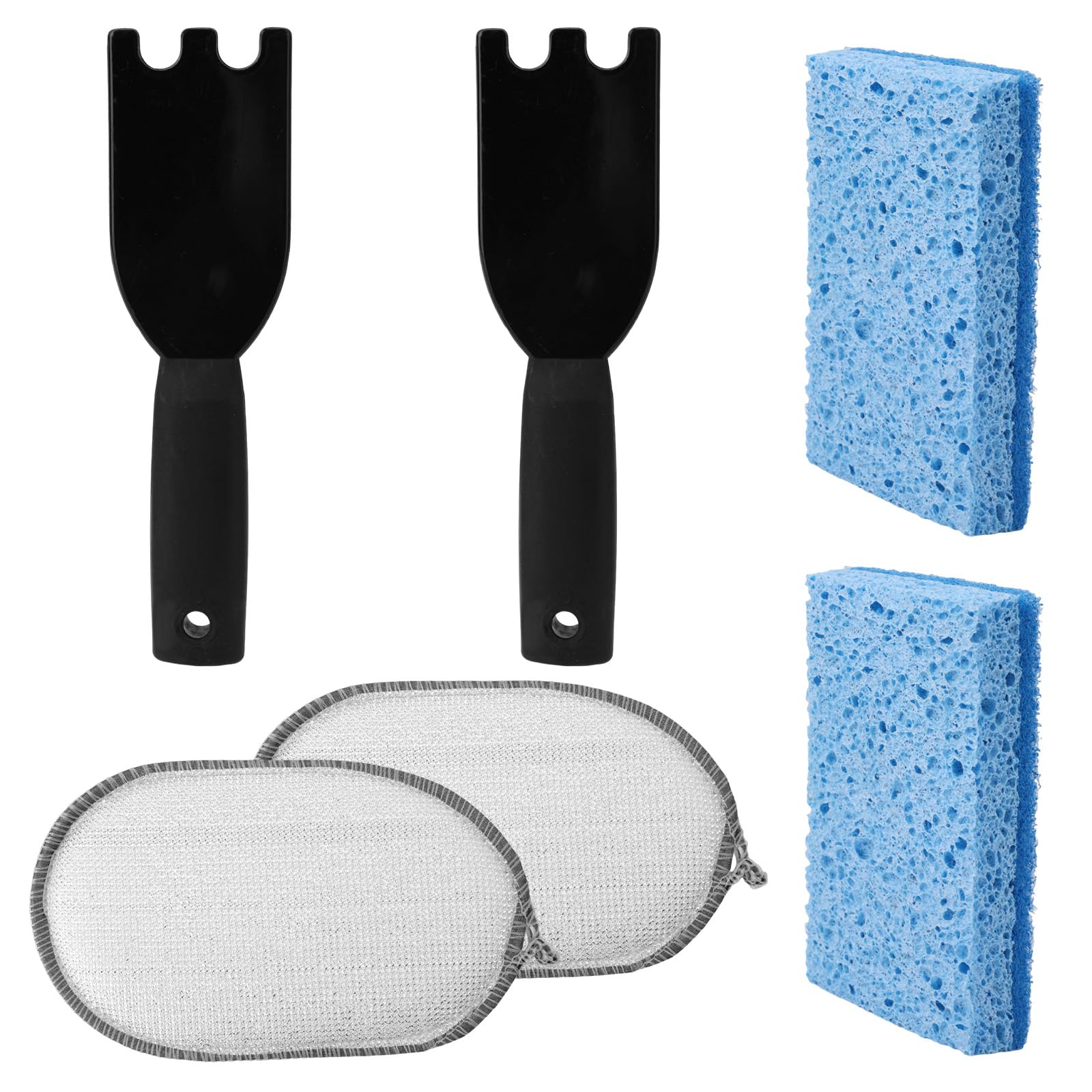 2pcs Cleaning Sponges and 2 Upgraded Grill Scraper, 2 Scouring Pads for George Forman & Cuisinart Indoor Grills Heat Resistant Spatula Cleaner Tool with Grooves for Easy Cleaning