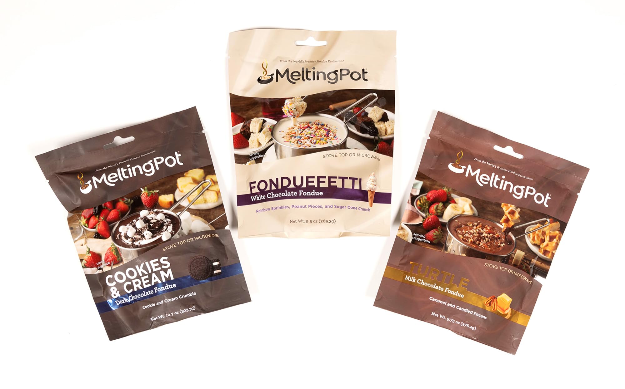 Melting Pot Chocolate Fondue; Mini Chocolate Wafers For Melting, Variety Pack (Dark Chocolate Cookies & Cream, White Chocolate, & Milk Chocolate Turtle), Pack of 3, 9.75oz Bags